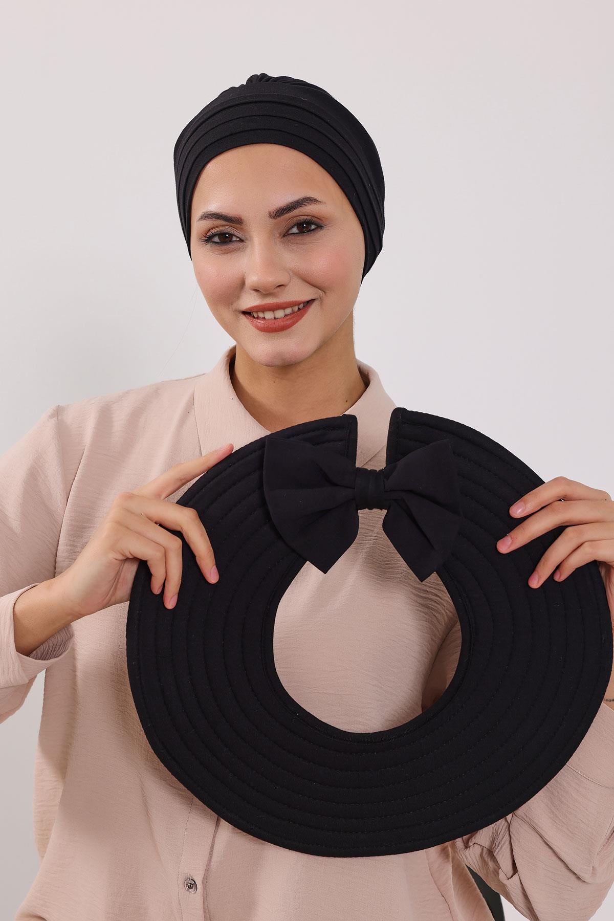 Çıkarılabilir Arkası Fiyonklu Şapkalı Penye Bone Türban,S-4
