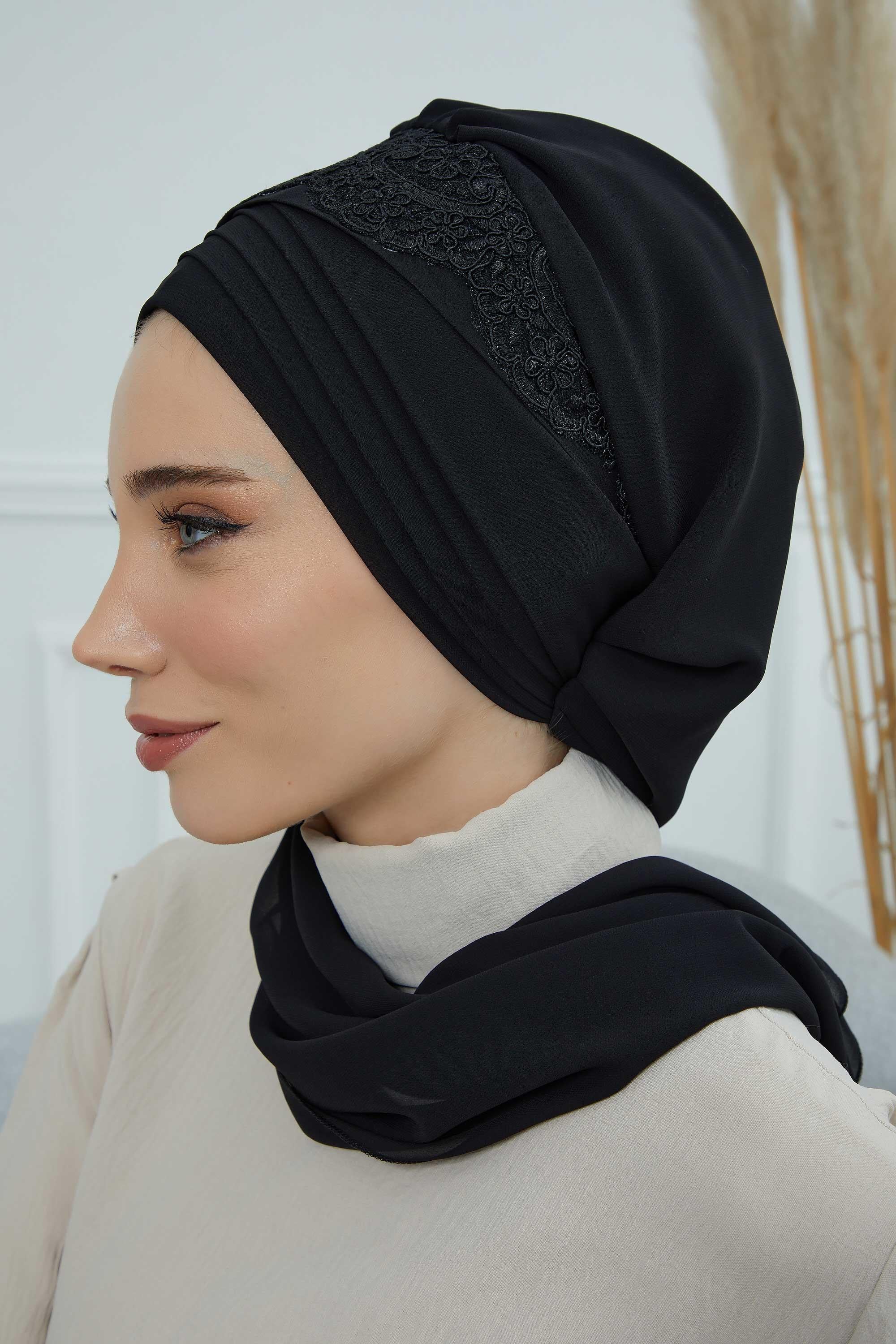Dantel Aksesuarlı Fularlı Şifon Hazır Türban,HT-53,HT-53