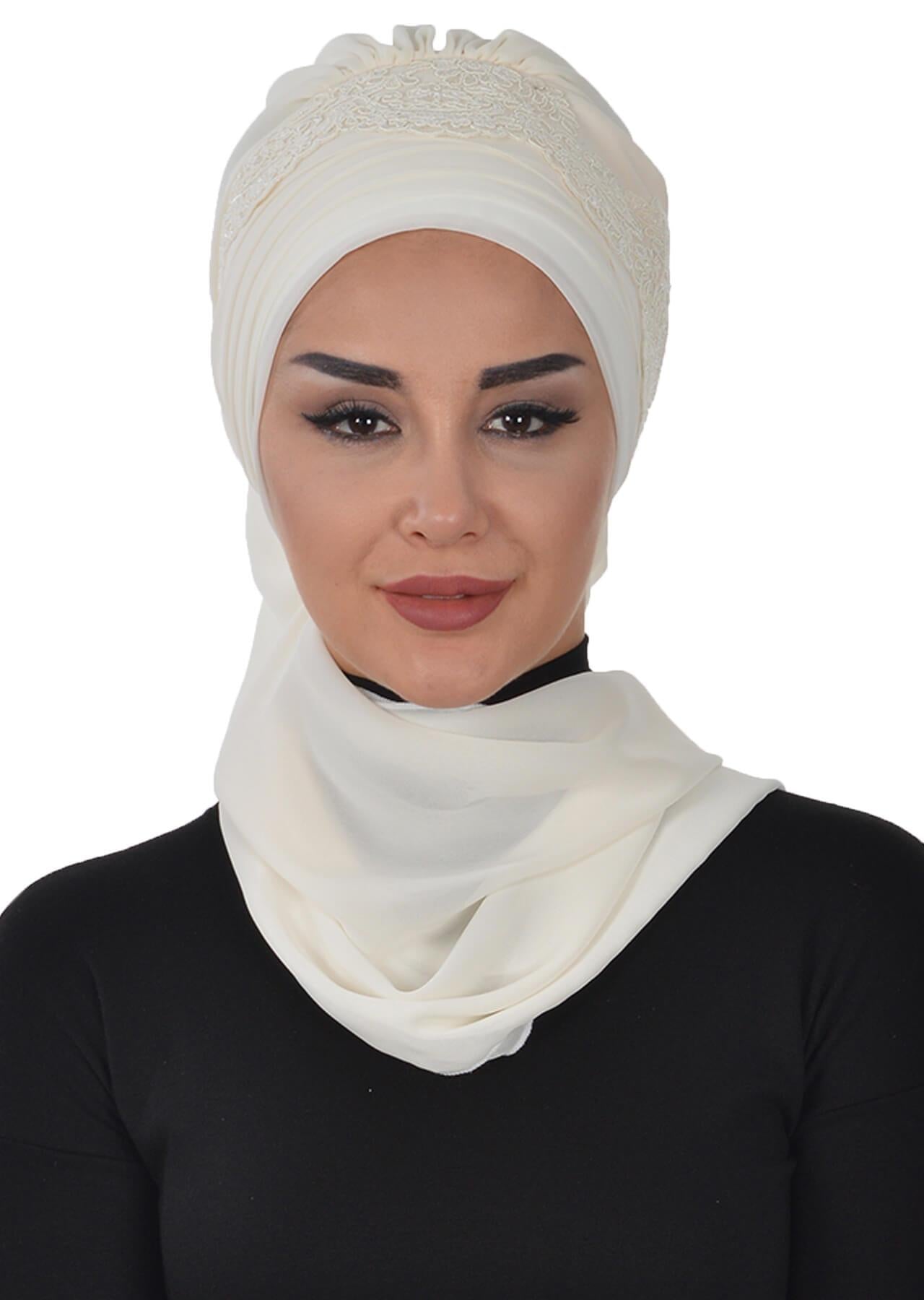 Dantel Aksesuarlı Fularlı Şifon Hazır Türban,HT-53,HT-53
