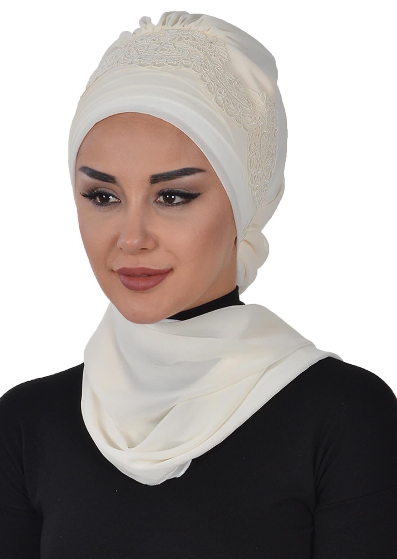 Dantel Aksesuarlı Fularlı Şifon Hazır Türban,HT-53,HT-53