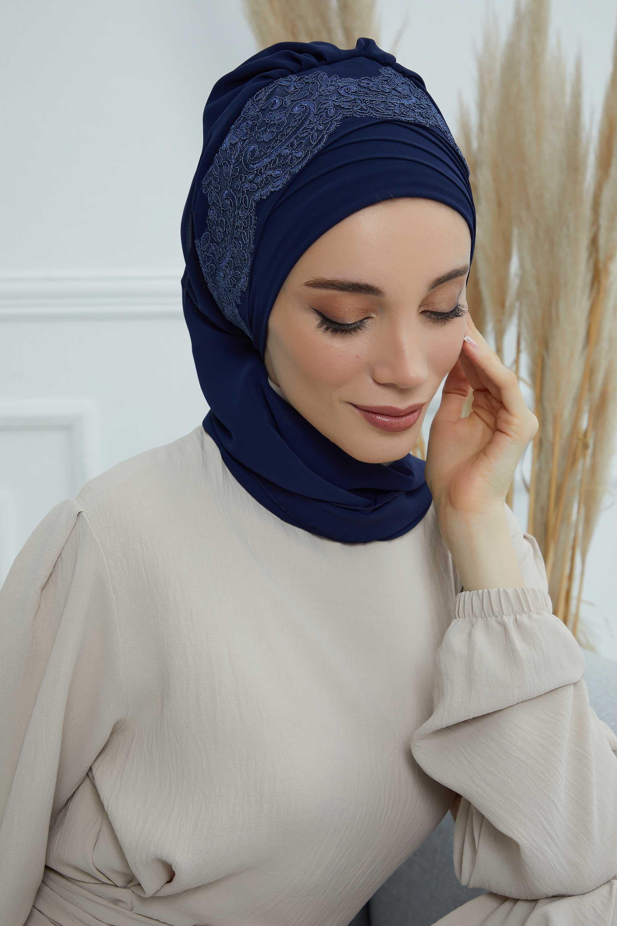Dantel Aksesuarlı Fularlı Şifon Hazır Türban,HT-53,HT-53