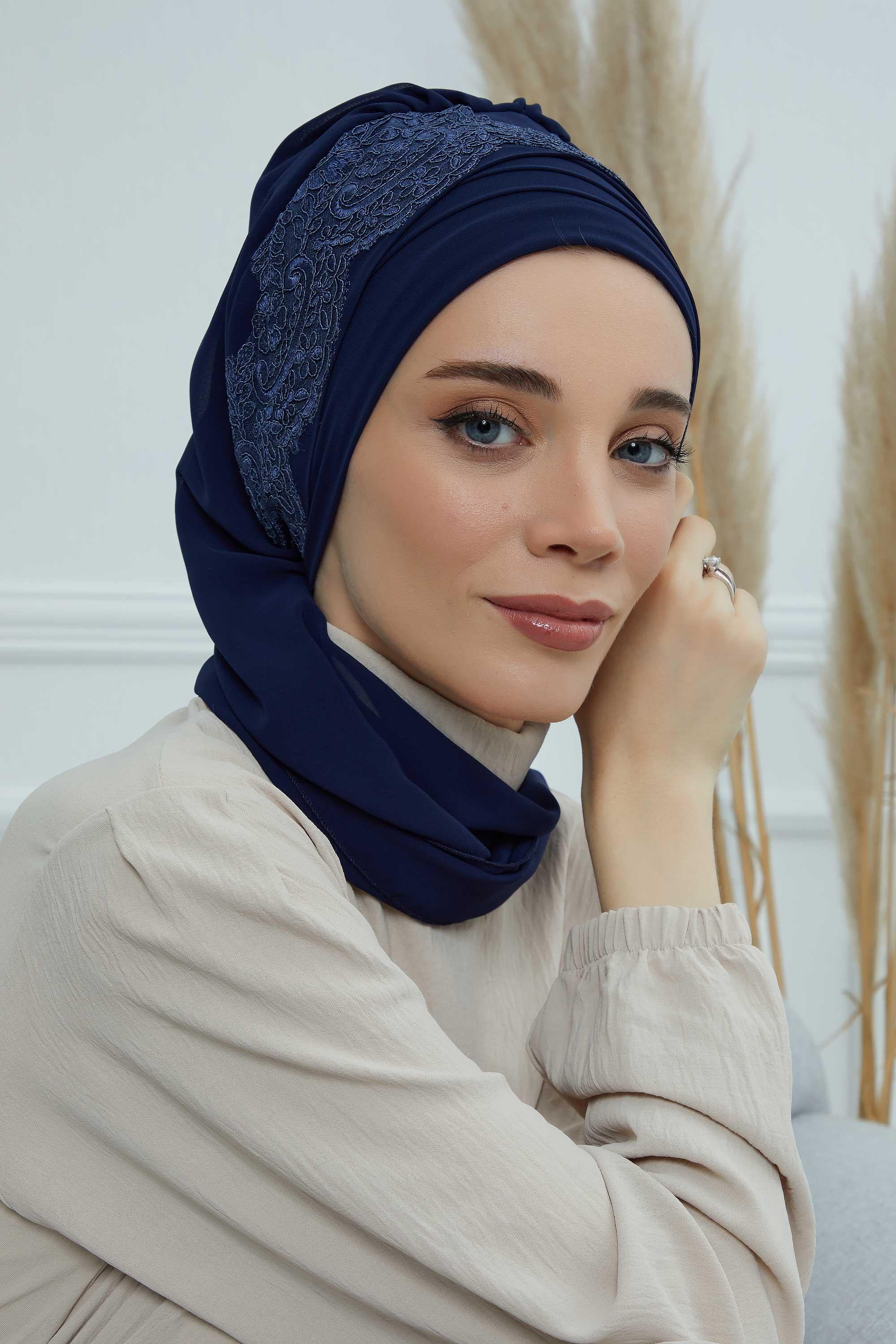 Dantel Aksesuarlı Fularlı Şifon Hazır Türban,HT-53,HT-53