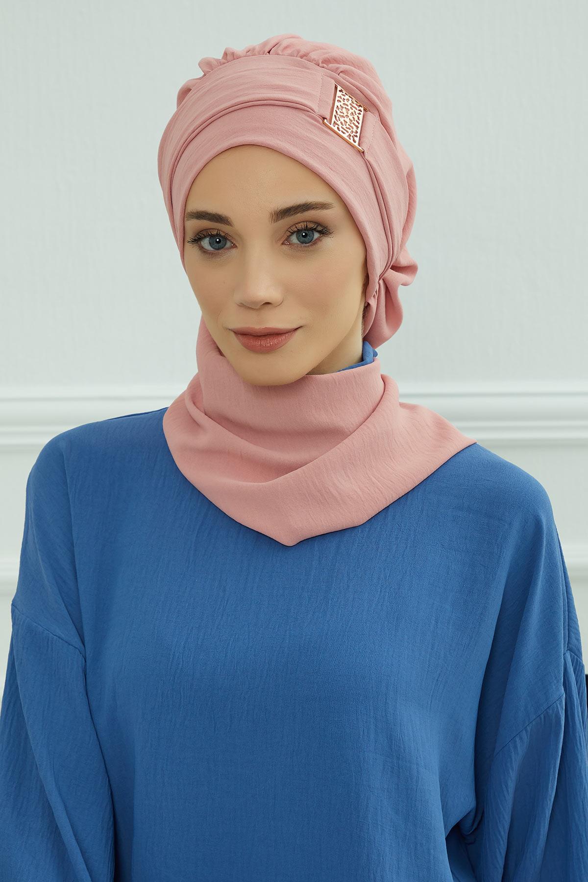 Dekolte Kapatabilen Gold Aksesuarlı Hazır Türban,HT-11A