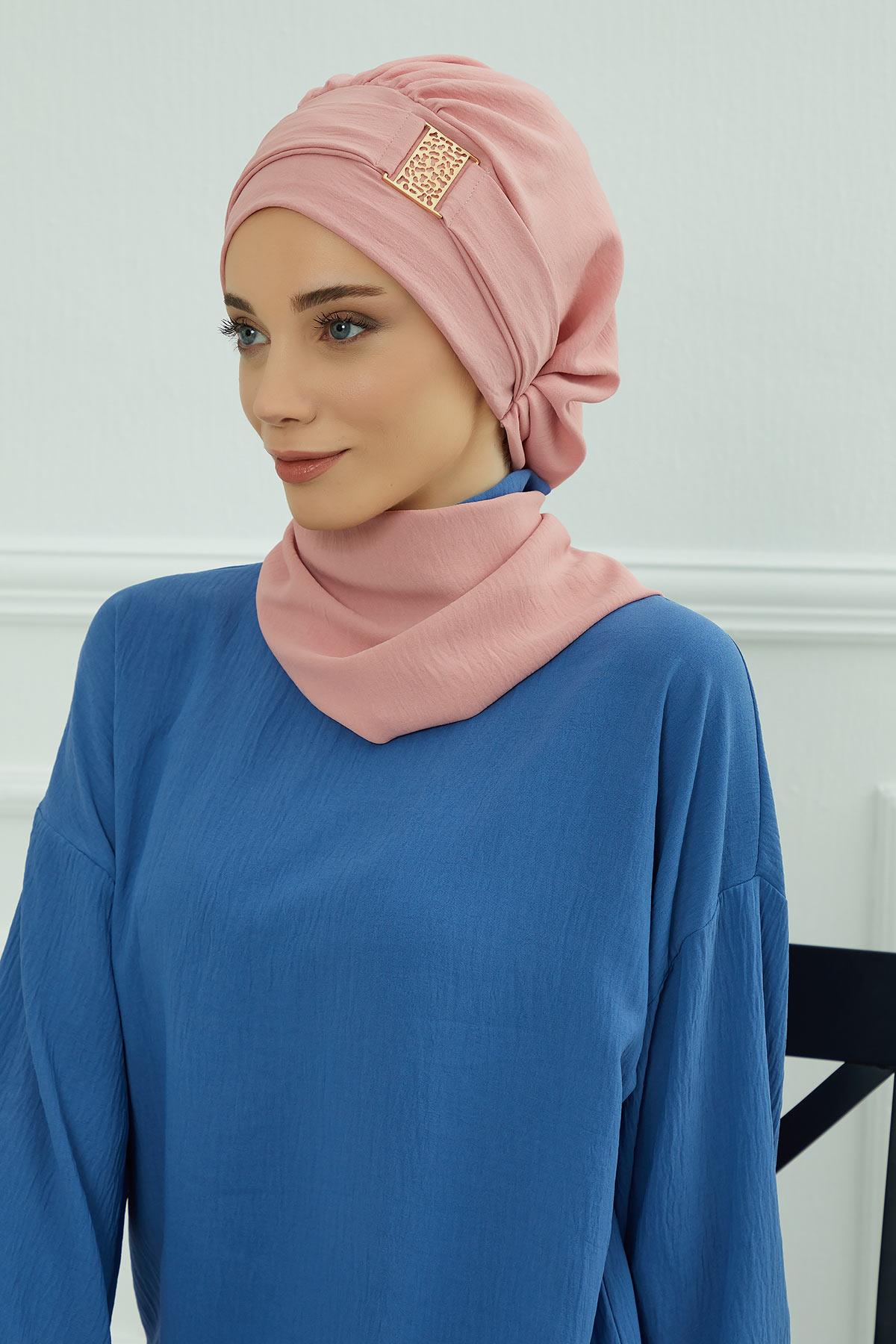 Dekolte Kapatabilen Gold Aksesuarlı Hazır Türban,HT-11A