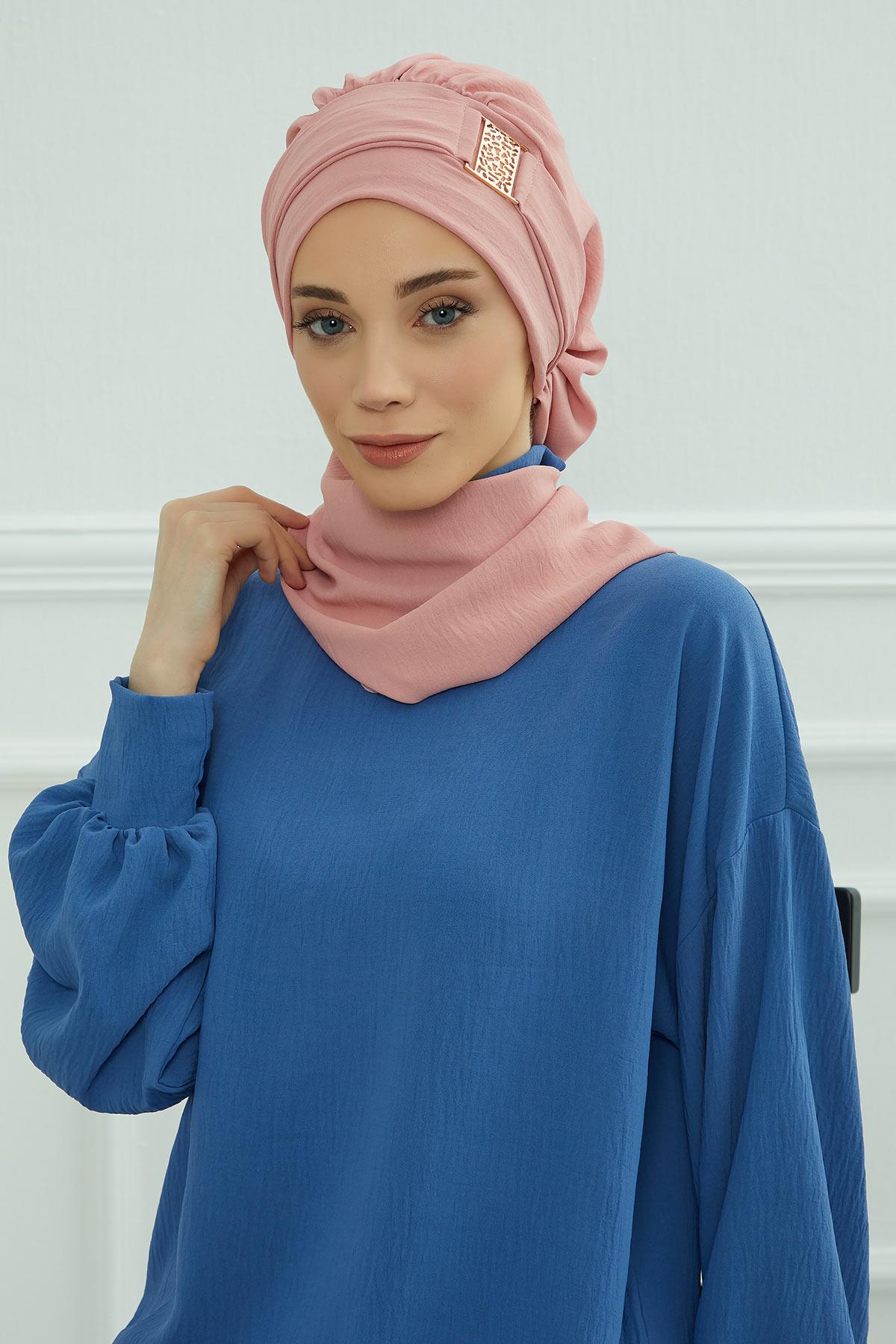 Dekolte Kapatabilen Gold Aksesuarlı Hazır Türban,HT-11A