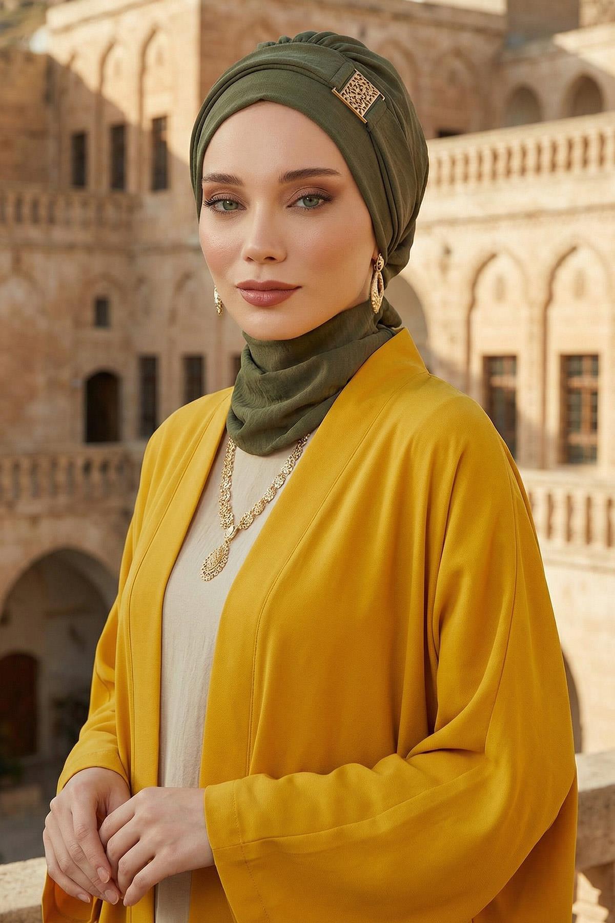 Dekolte Kapatabilen Gold Aksesuarlı Hazır Türban,HT-11A