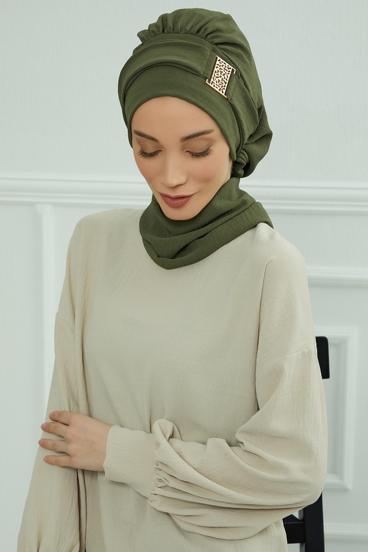 Dekolte Kapatabilen Gold Aksesuarlı Hazır Türban,HT-11A