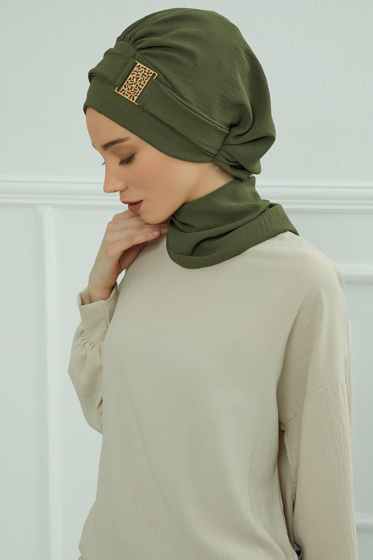 Dekolte Kapatabilen Gold Aksesuarlı Hazır Türban,HT-11A