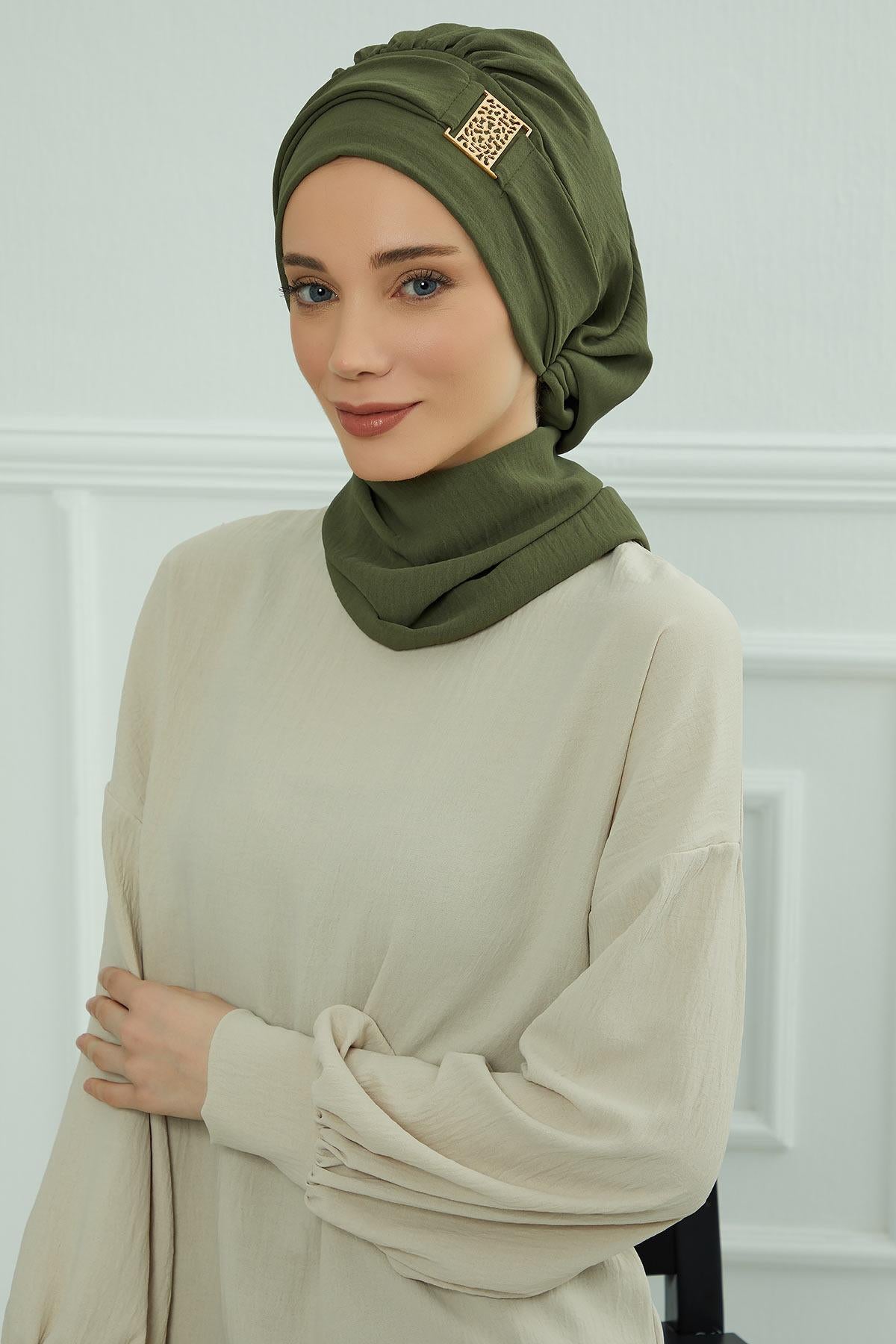 Dekolte Kapatabilen Gold Aksesuarlı Hazır Türban,HT-11A