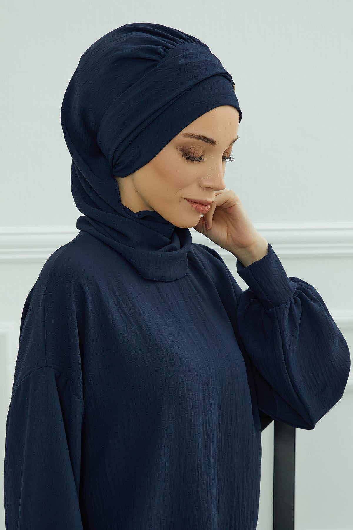 Dekolte Kapatabilen Gold Aksesuarlı Hazır Türban,HT-11A