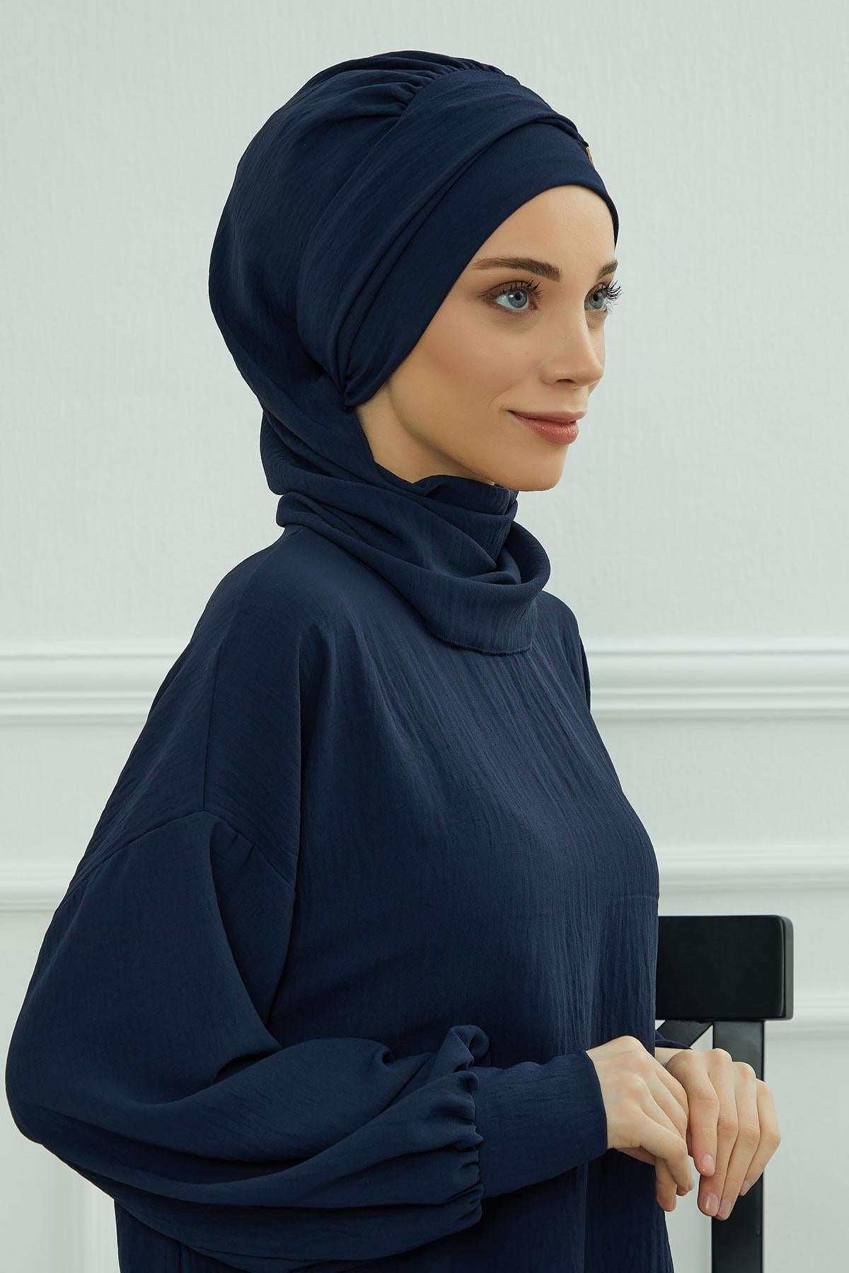 Dekolte Kapatabilen Gold Aksesuarlı Hazır Türban,HT-11A