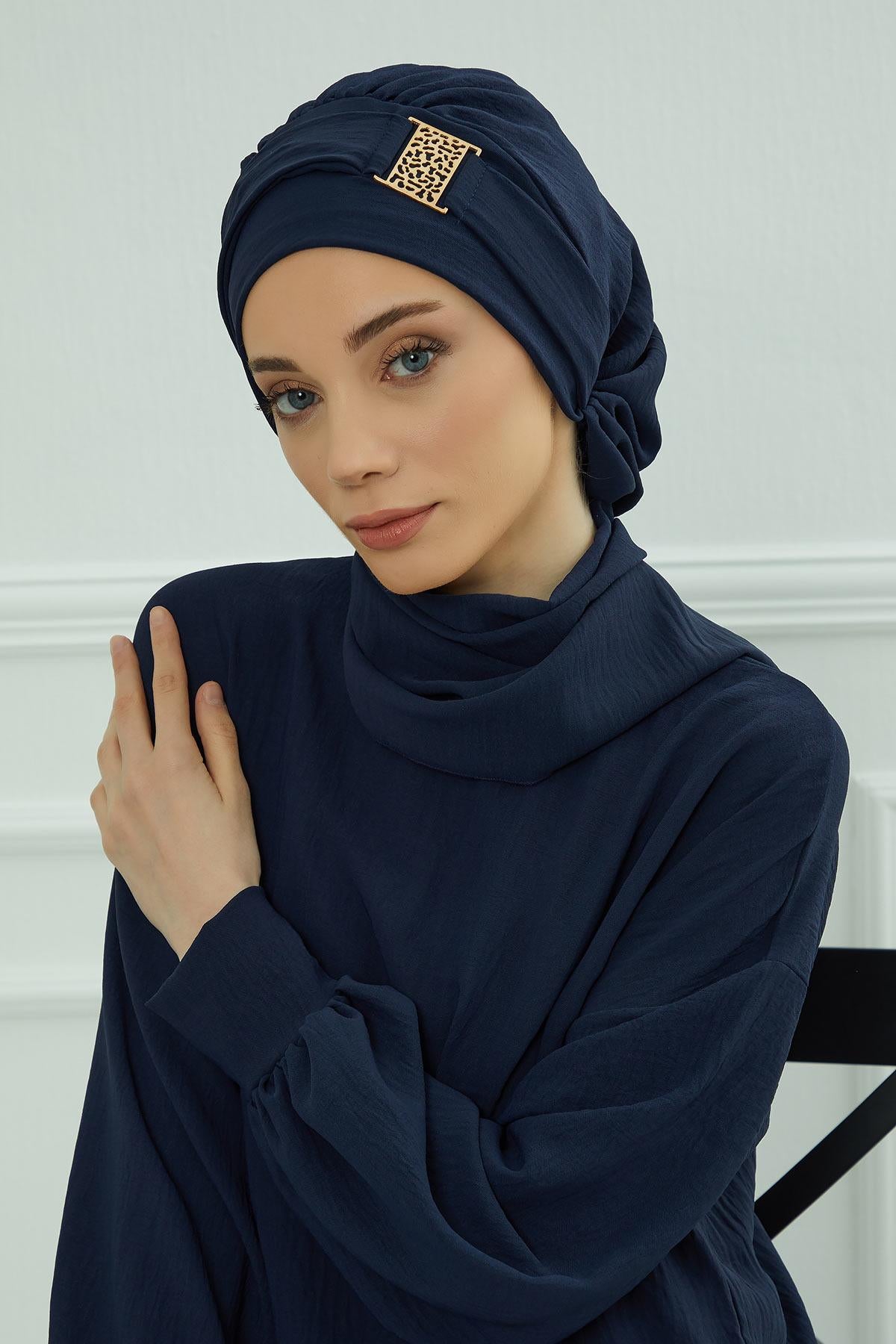 Dekolte Kapatabilen Gold Aksesuarlı Hazır Türban,HT-11A
