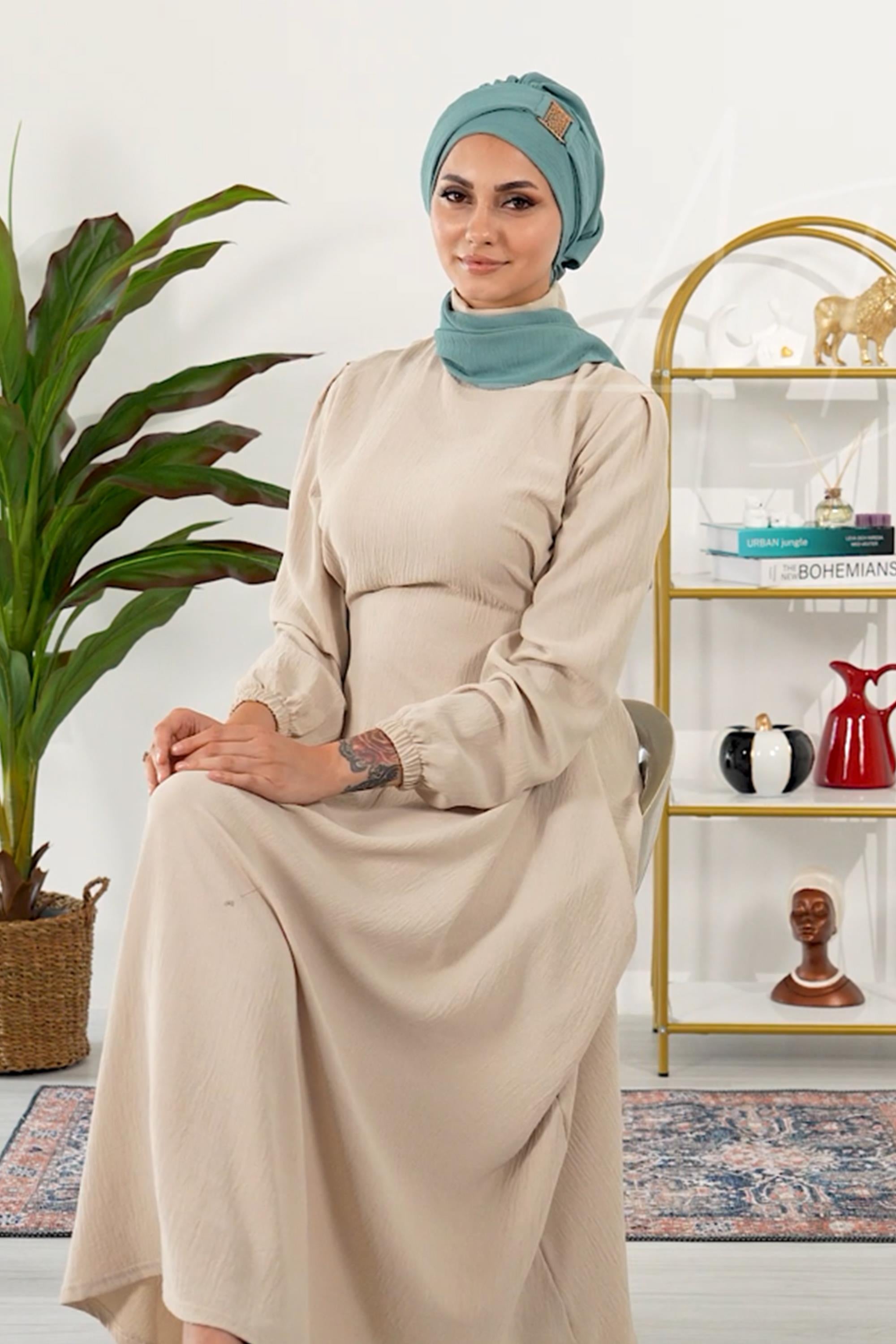 Dekolte Kapatabilen Gold Aksesuarlı Hazır Türban,HT-11A