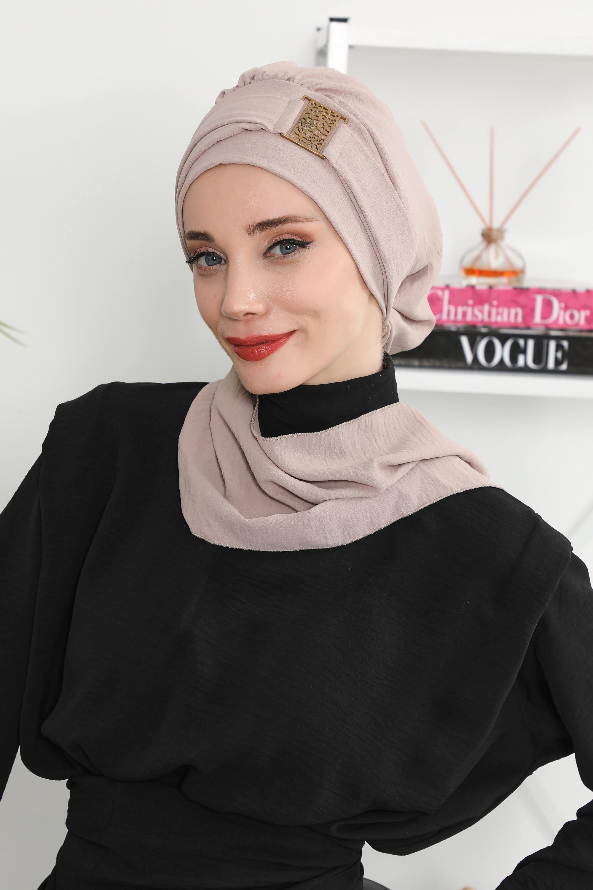 Dekolte Kapatabilen Gold Aksesuarlı Hazır Türban,HT-11A