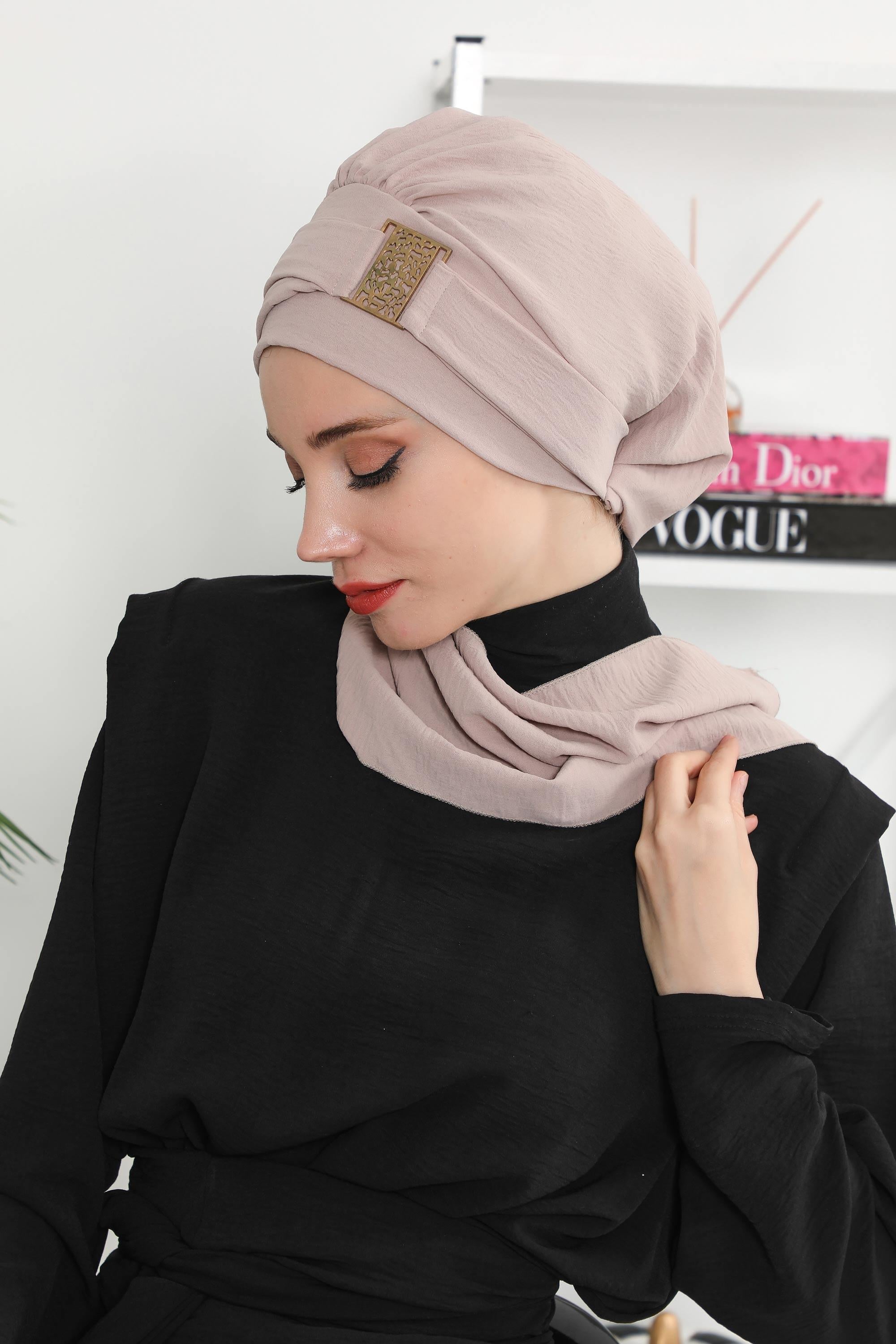 Dekolte Kapatabilen Gold Aksesuarlı Hazır Türban,HT-11A