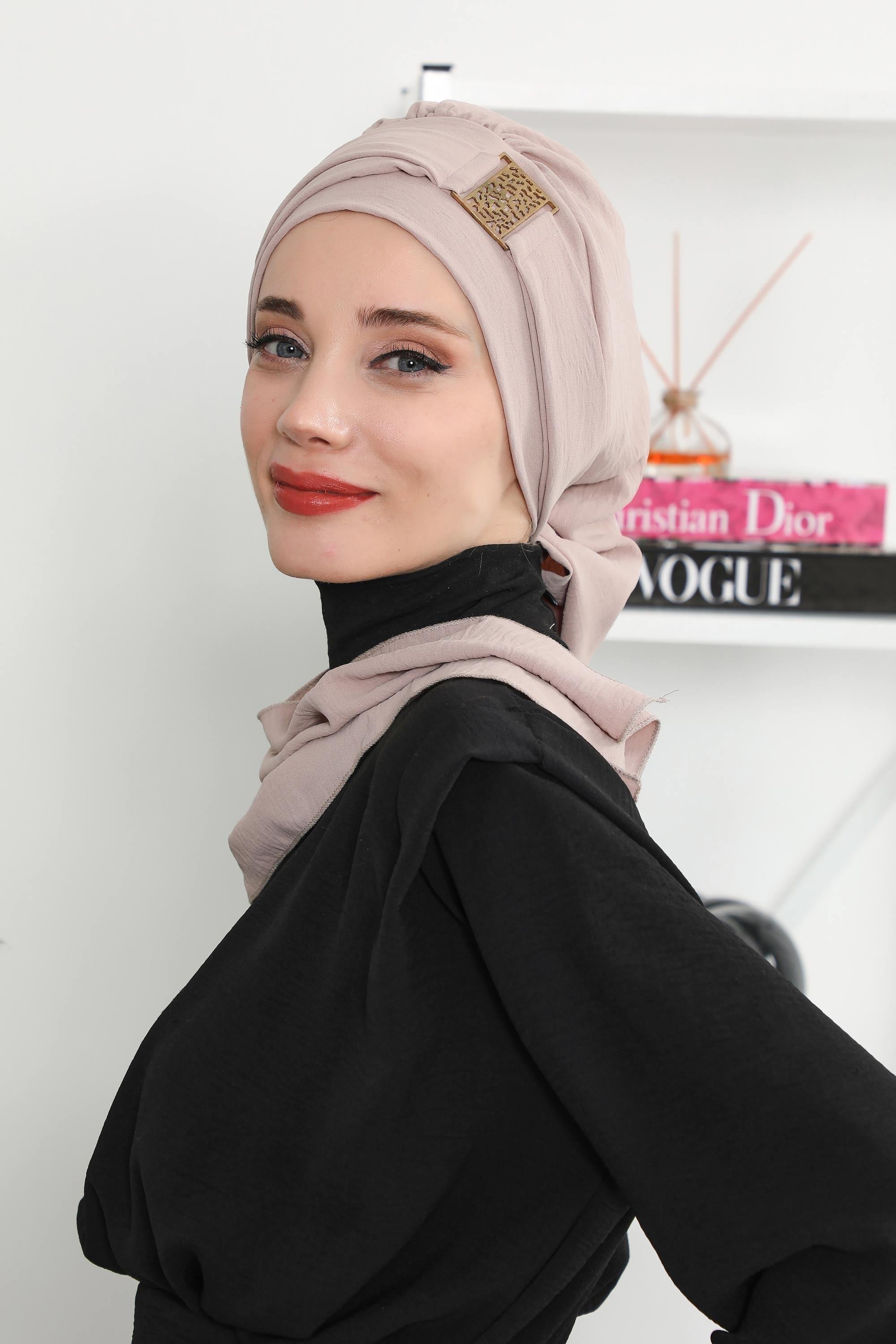 Dekolte Kapatabilen Gold Aksesuarlı Hazır Türban,HT-11A