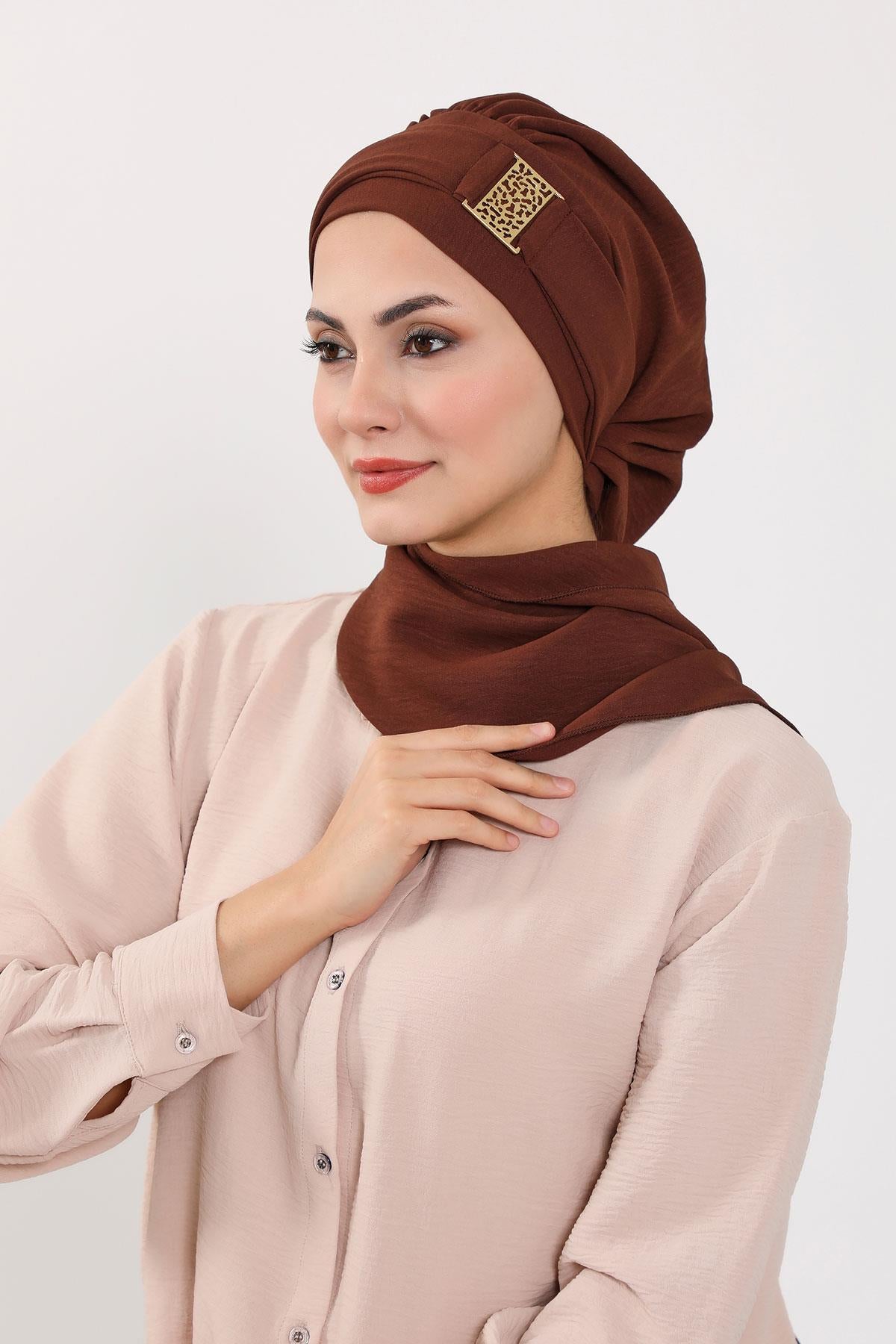 Dekolte Kapatabilen Gold Aksesuarlı Hazır Türban,HT-11A