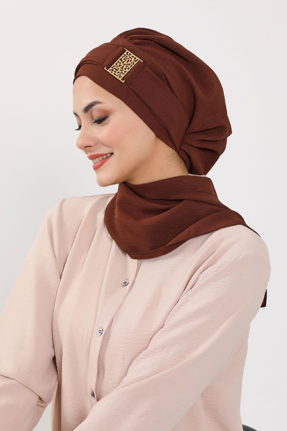 Dekolte Kapatabilen Gold Aksesuarlı Hazır Türban,HT-11A