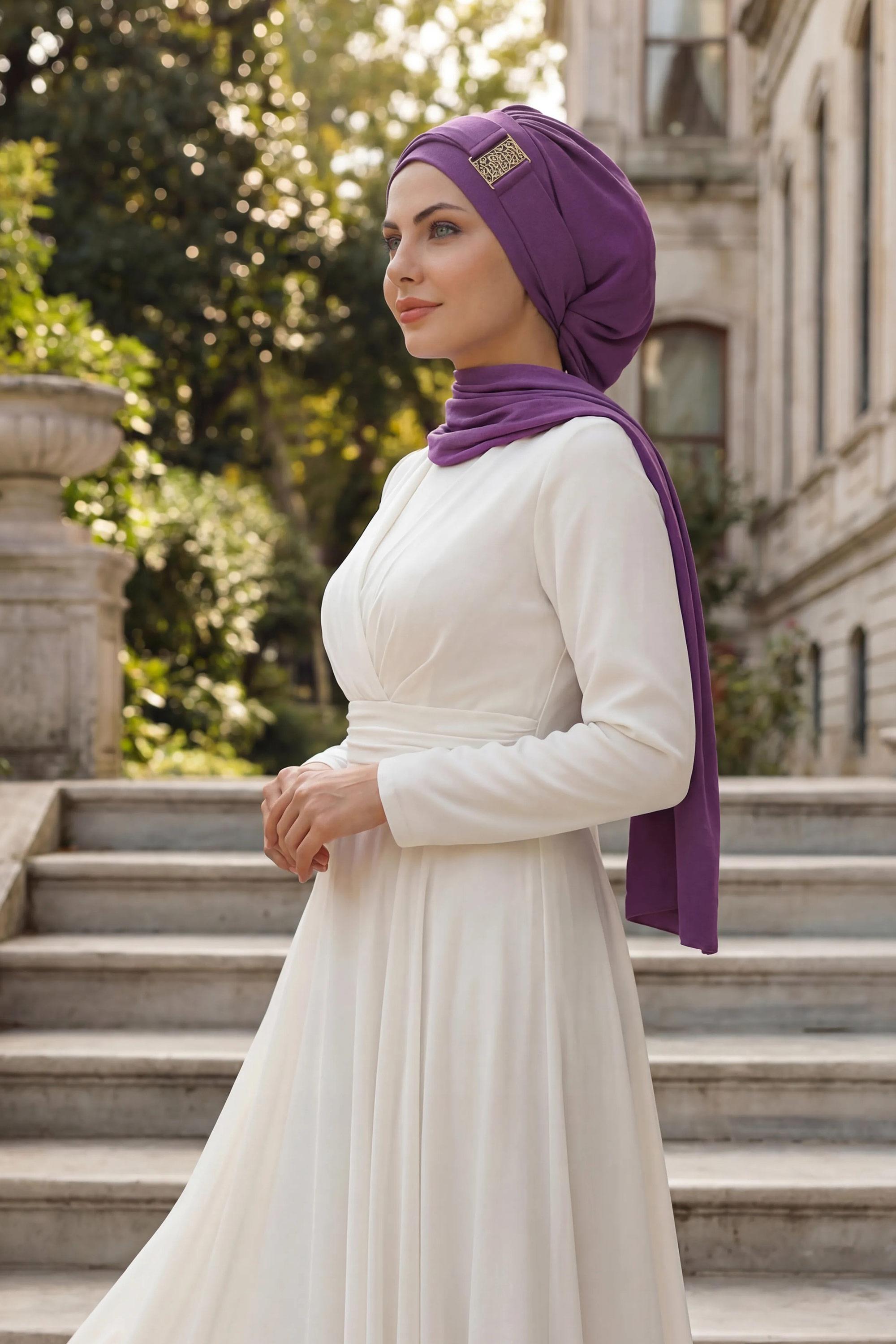 Dekolte Kapatabilen Gold Aksesuarlı Hazır Türban,HT-11A