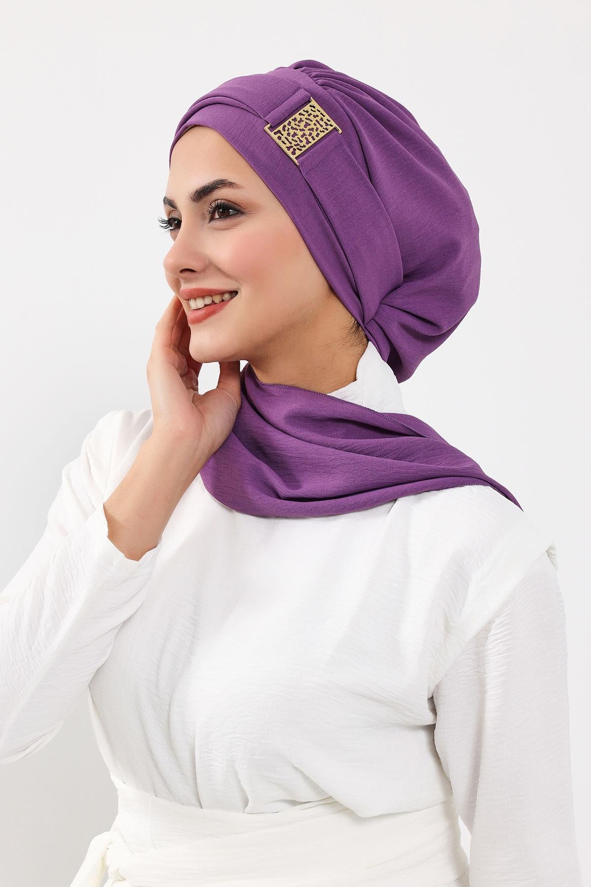 Dekolte Kapatabilen Gold Aksesuarlı Hazır Türban,HT-11A