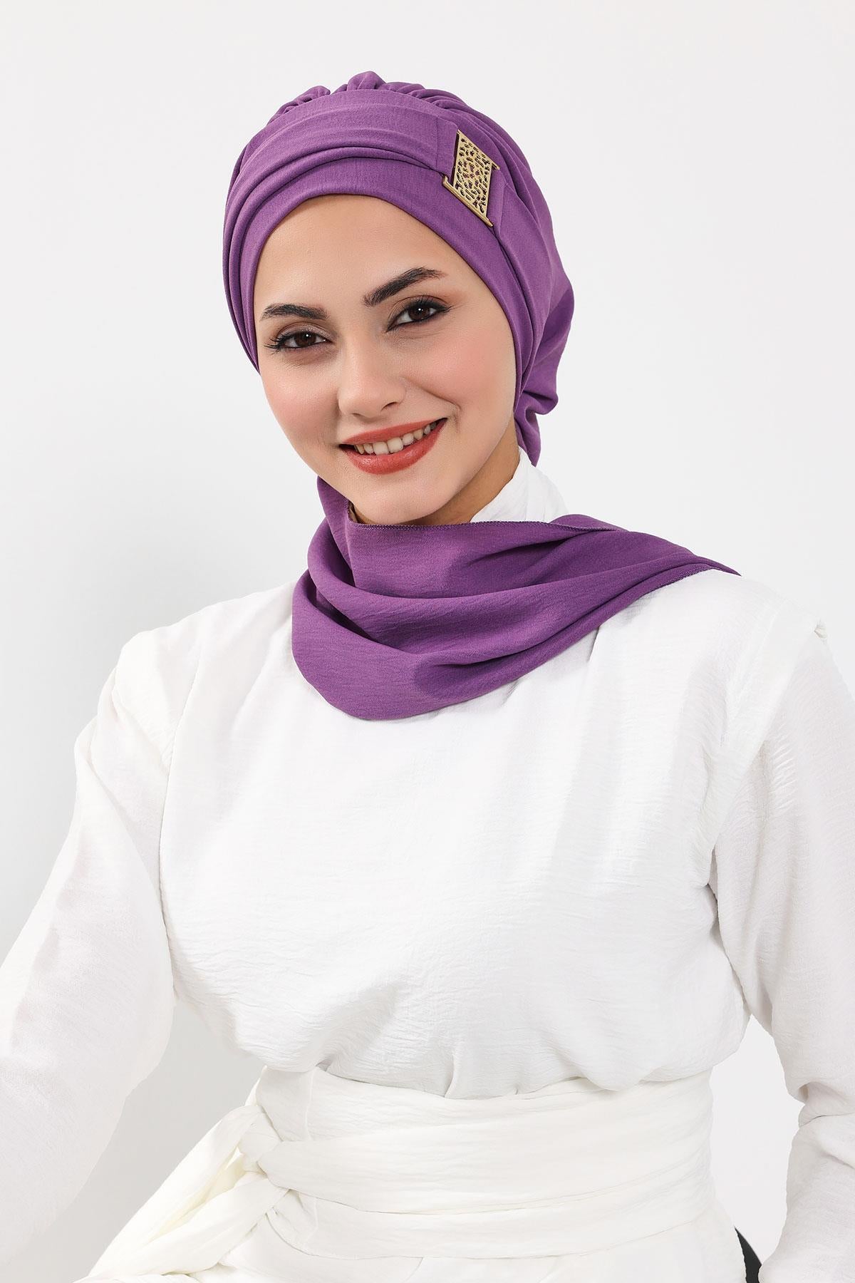 Dekolte Kapatabilen Gold Aksesuarlı Hazır Türban,HT-11A