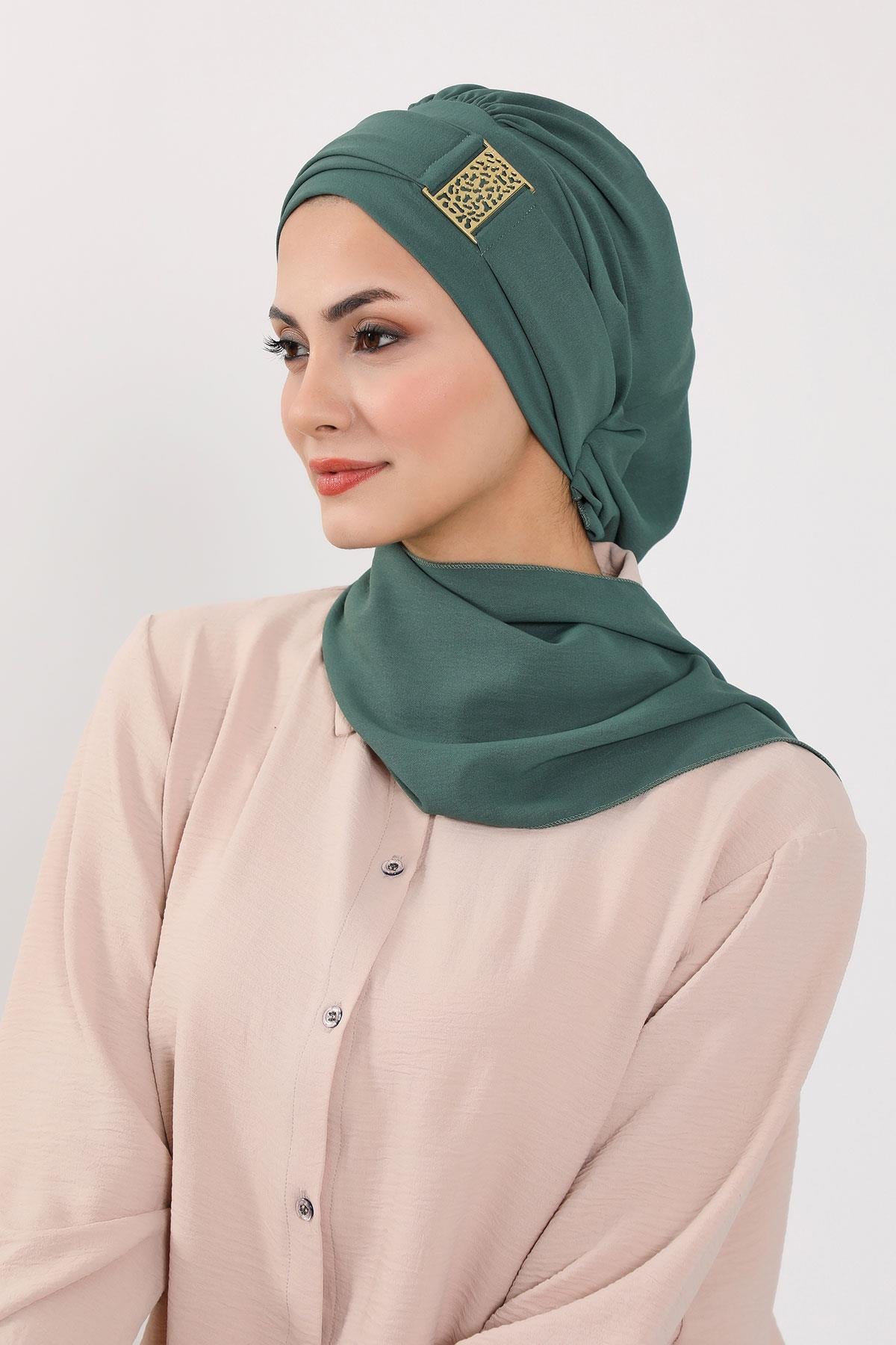 Dekolte Kapatabilen Gold Aksesuarlı Hazır Türban,HT-11A