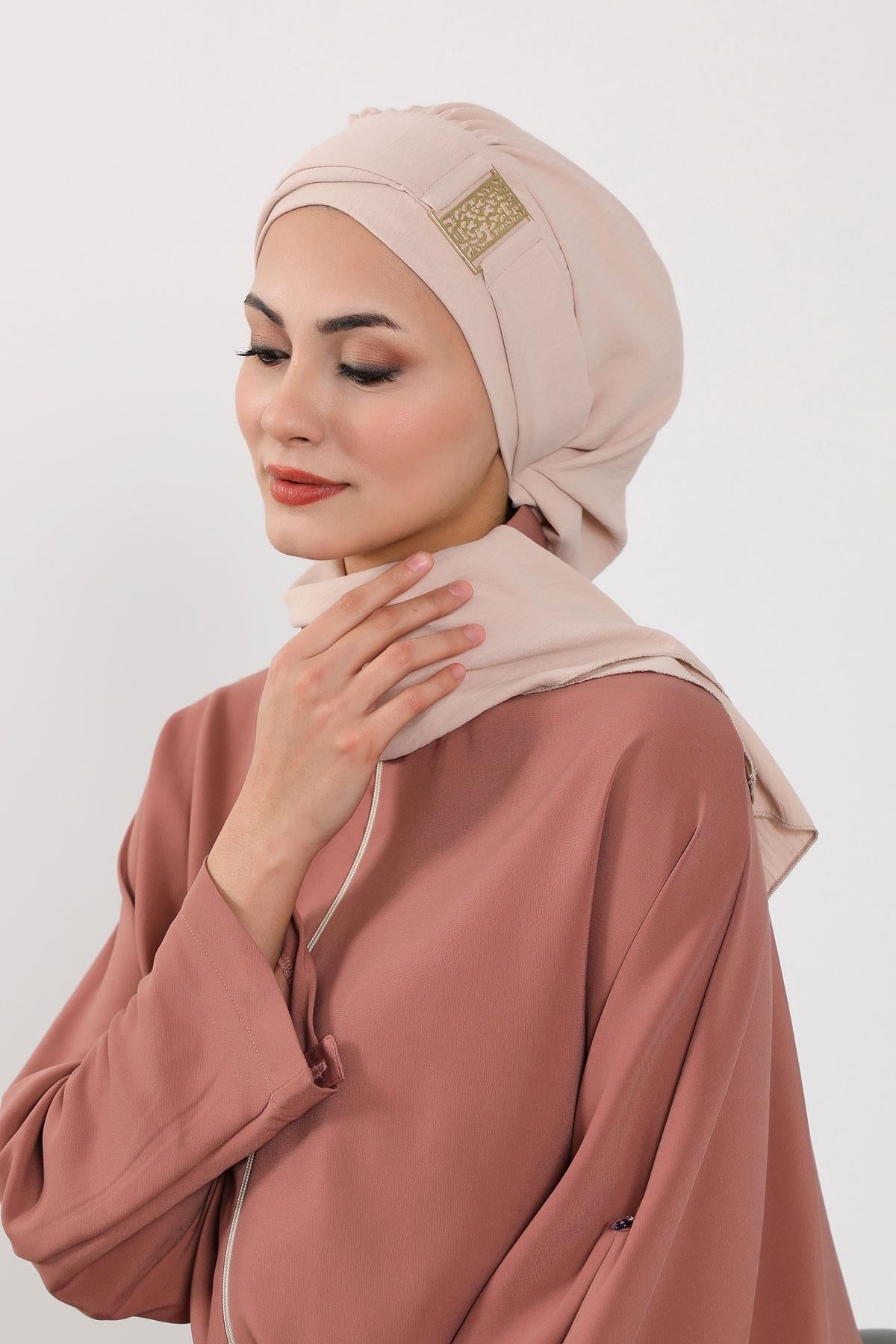 Dekolte Kapatabilen Gold Aksesuarlı Hazır Türban,HT-11A