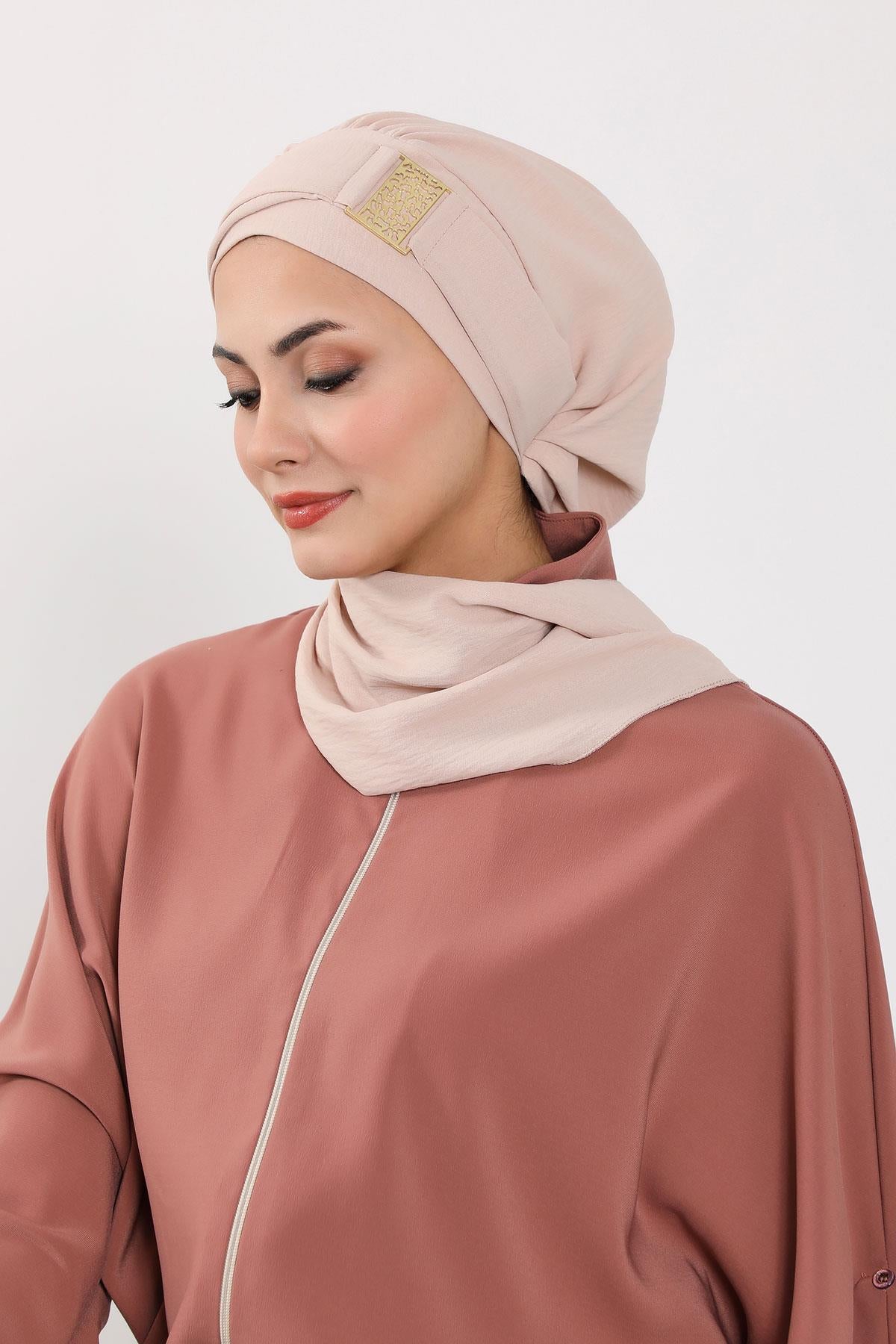 Dekolte Kapatabilen Gold Aksesuarlı Hazır Türban,HT-11A