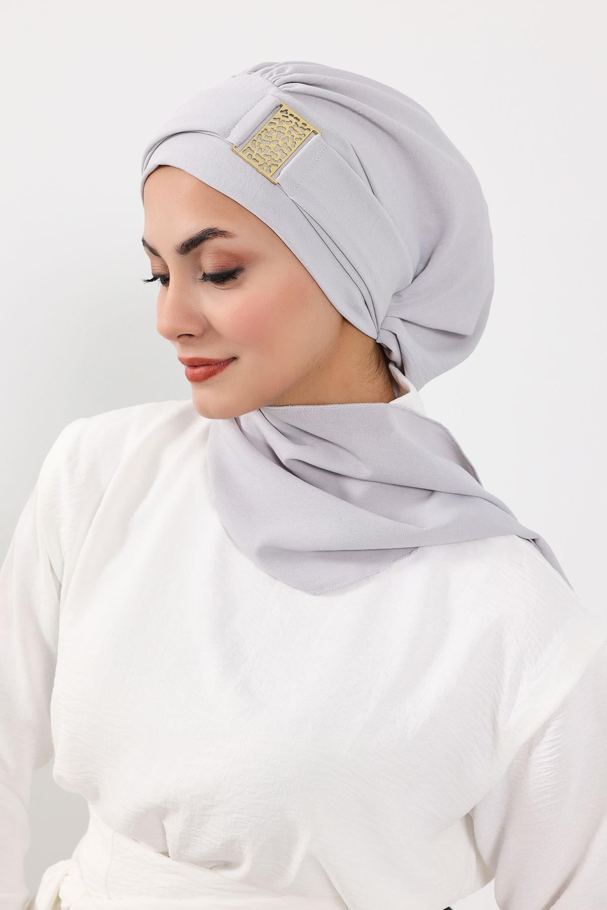 Dekolte Kapatabilen Gold Aksesuarlı Hazır Türban,HT-11A