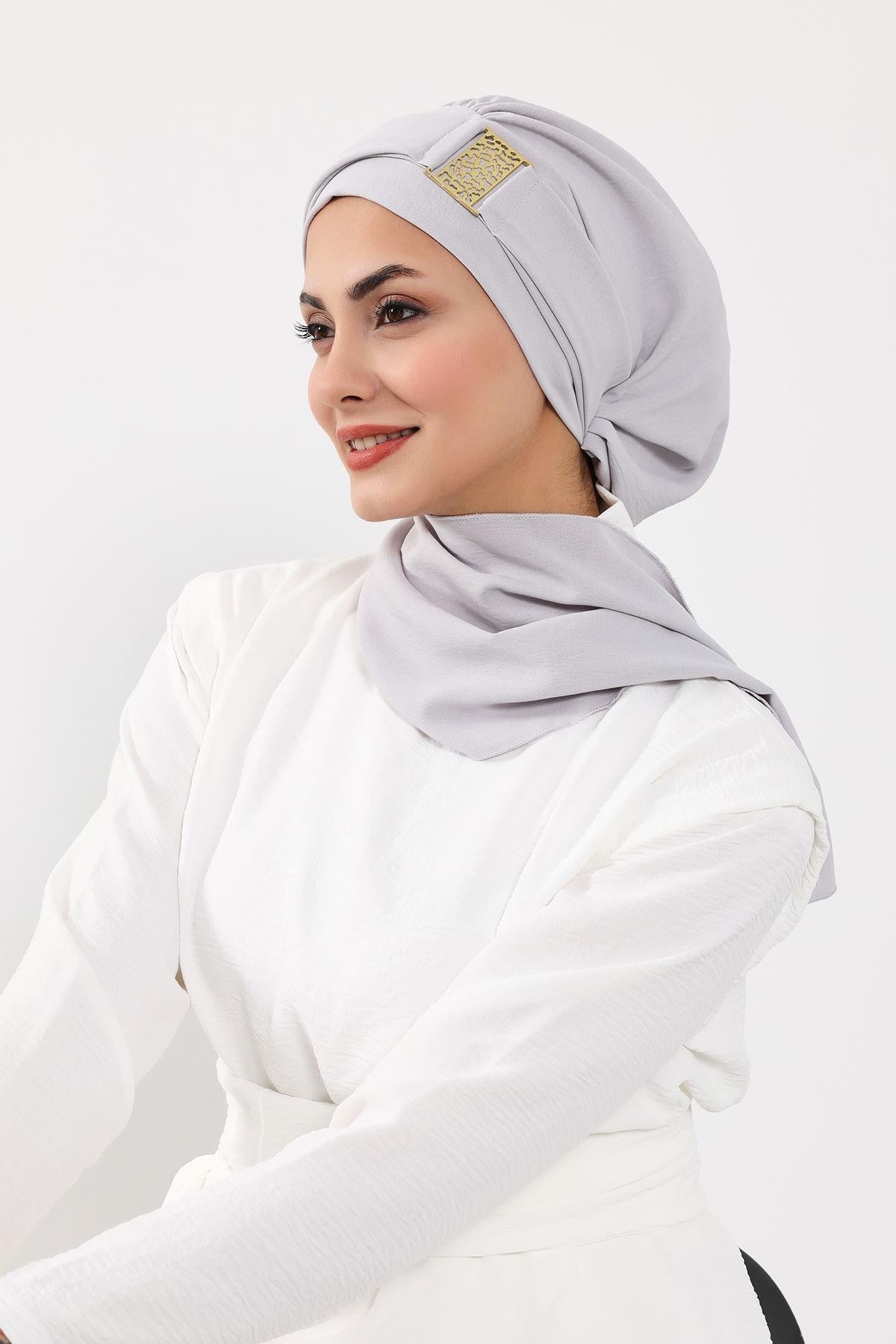 Dekolte Kapatabilen Gold Aksesuarlı Hazır Türban,HT-11A