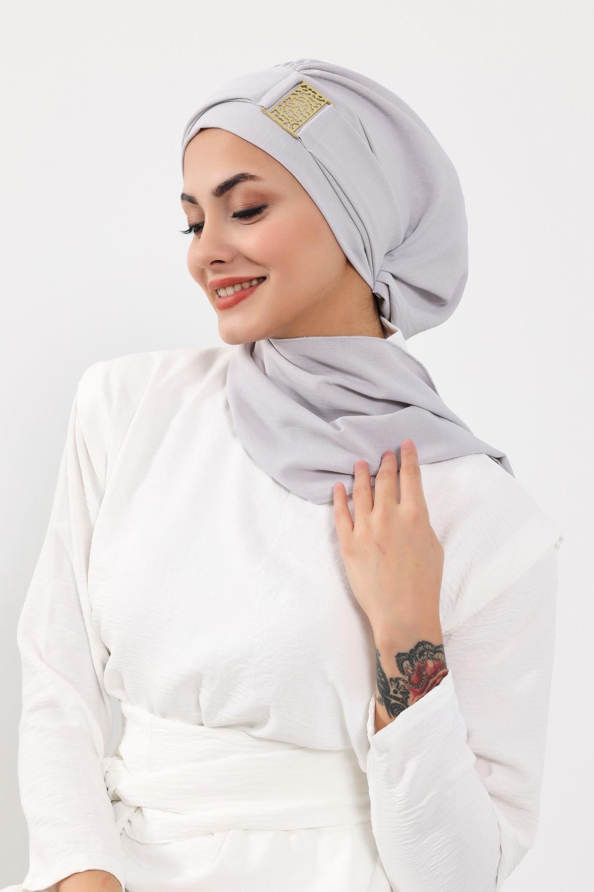 Dekolte Kapatabilen Gold Aksesuarlı Hazır Türban,HT-11A