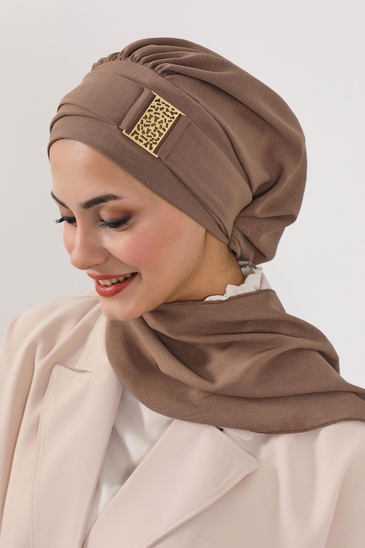 Dekolte Kapatabilen Gold Aksesuarlı Hazır Türban,HT-11A