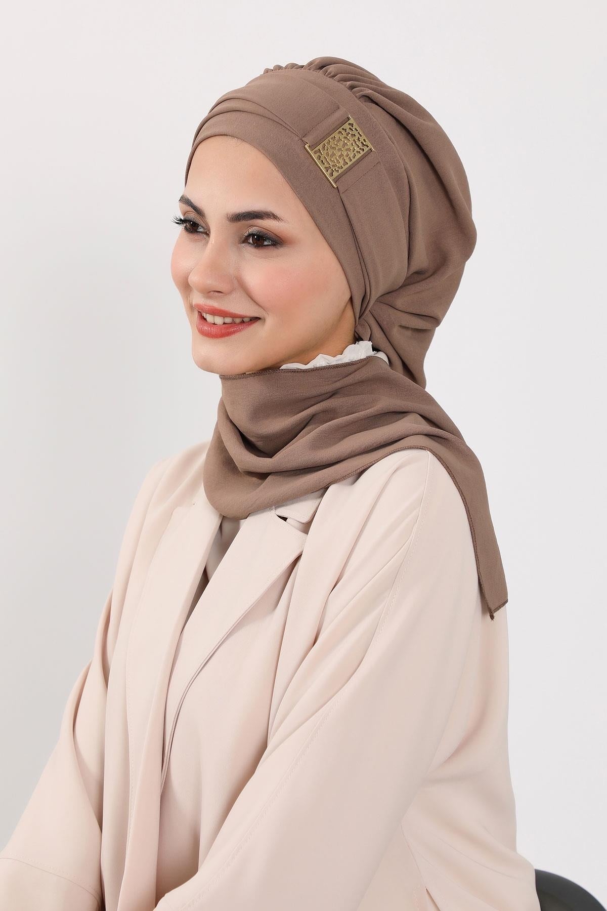 Dekolte Kapatabilen Gold Aksesuarlı Hazır Türban,HT-11A