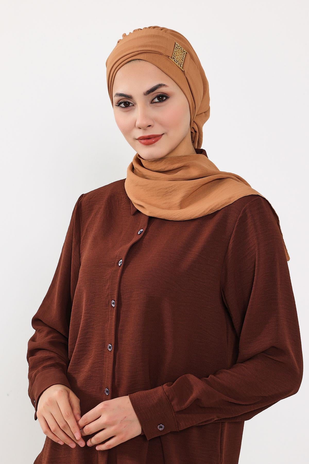 Dekolte Kapatabilen Gold Aksesuarlı Hazır Türban,HT-11A