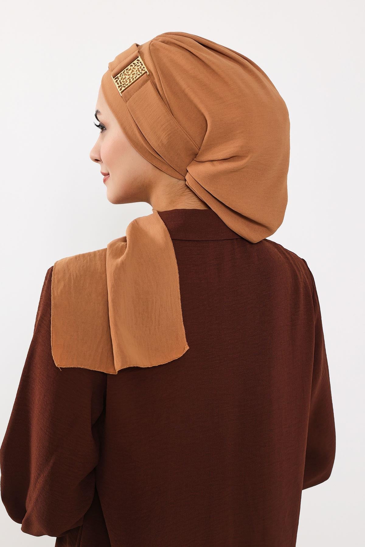 Dekolte Kapatabilen Gold Aksesuarlı Hazır Türban,HT-11A