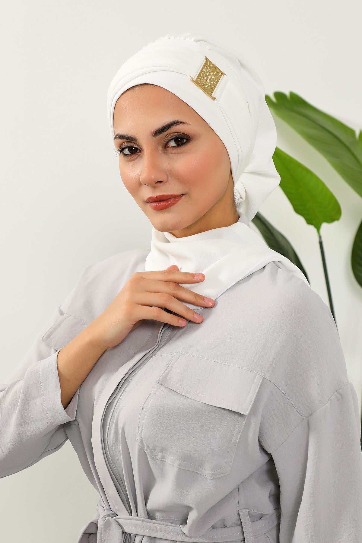 Dekolte Kapatabilen Gold Aksesuarlı Hazır Türban,HT-11A