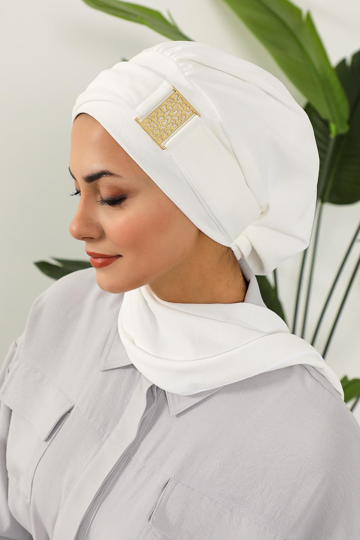 Dekolte Kapatabilen Gold Aksesuarlı Hazır Türban,HT-11A