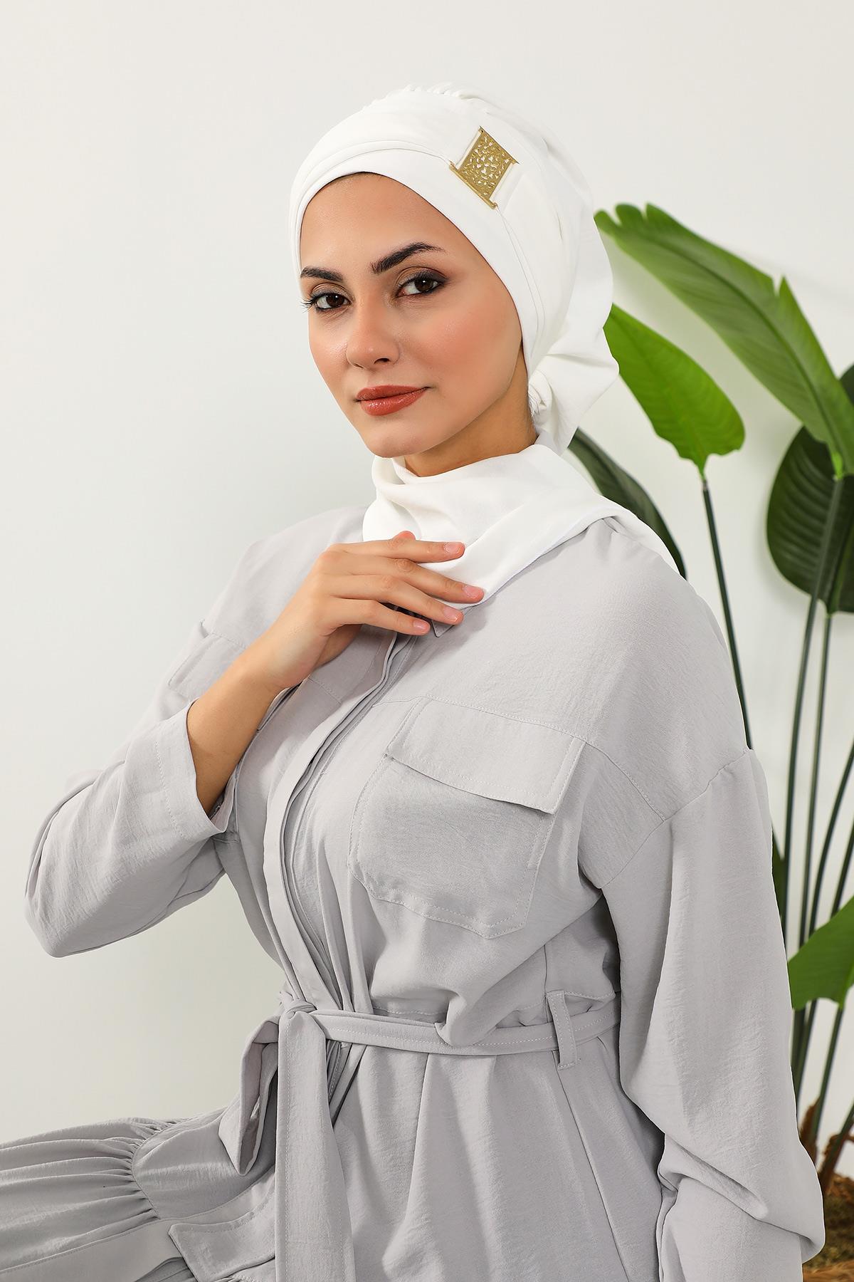 Dekolte Kapatabilen Gold Aksesuarlı Hazır Türban,HT-11A