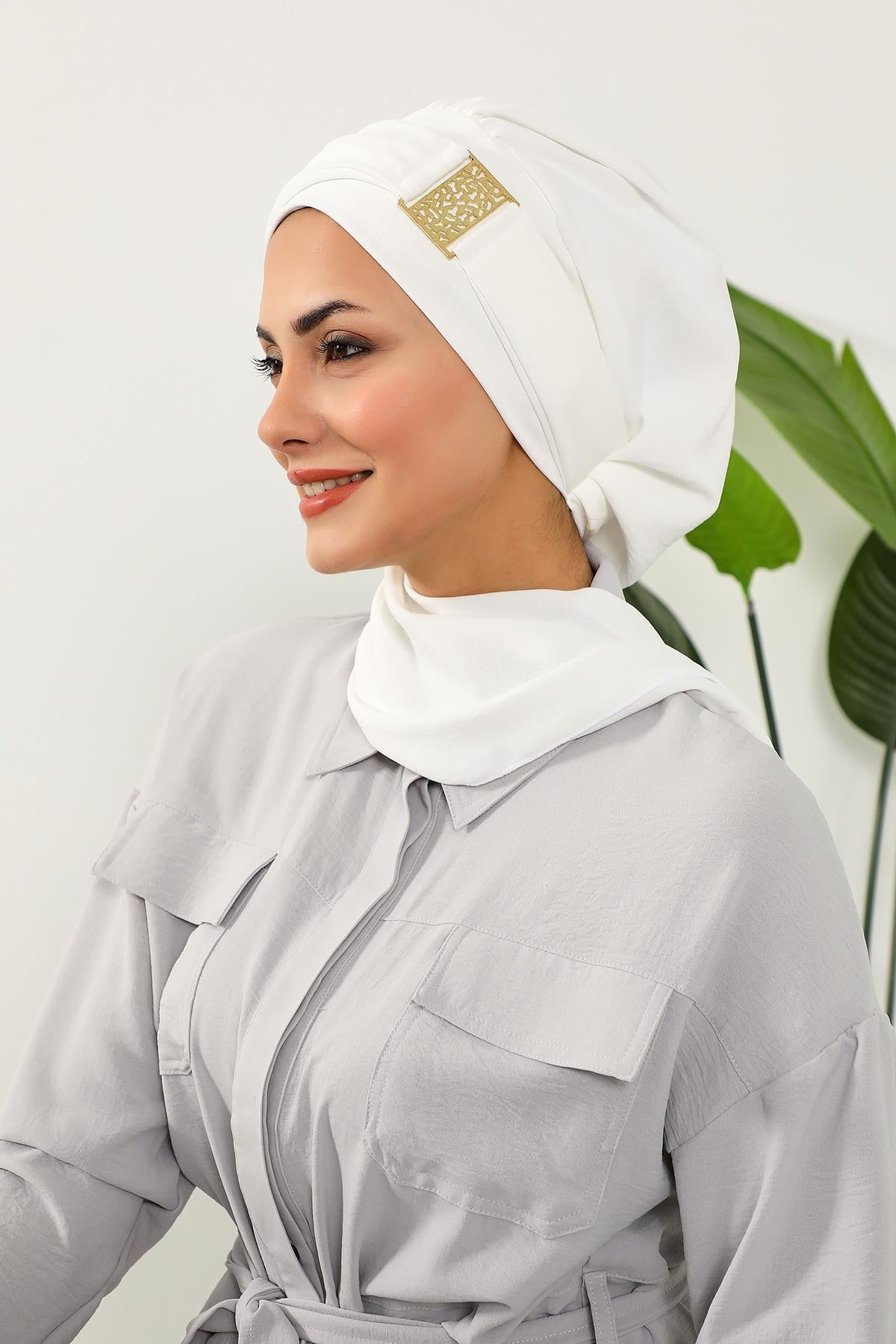 Dekolte Kapatabilen Gold Aksesuarlı Hazır Türban,HT-11A