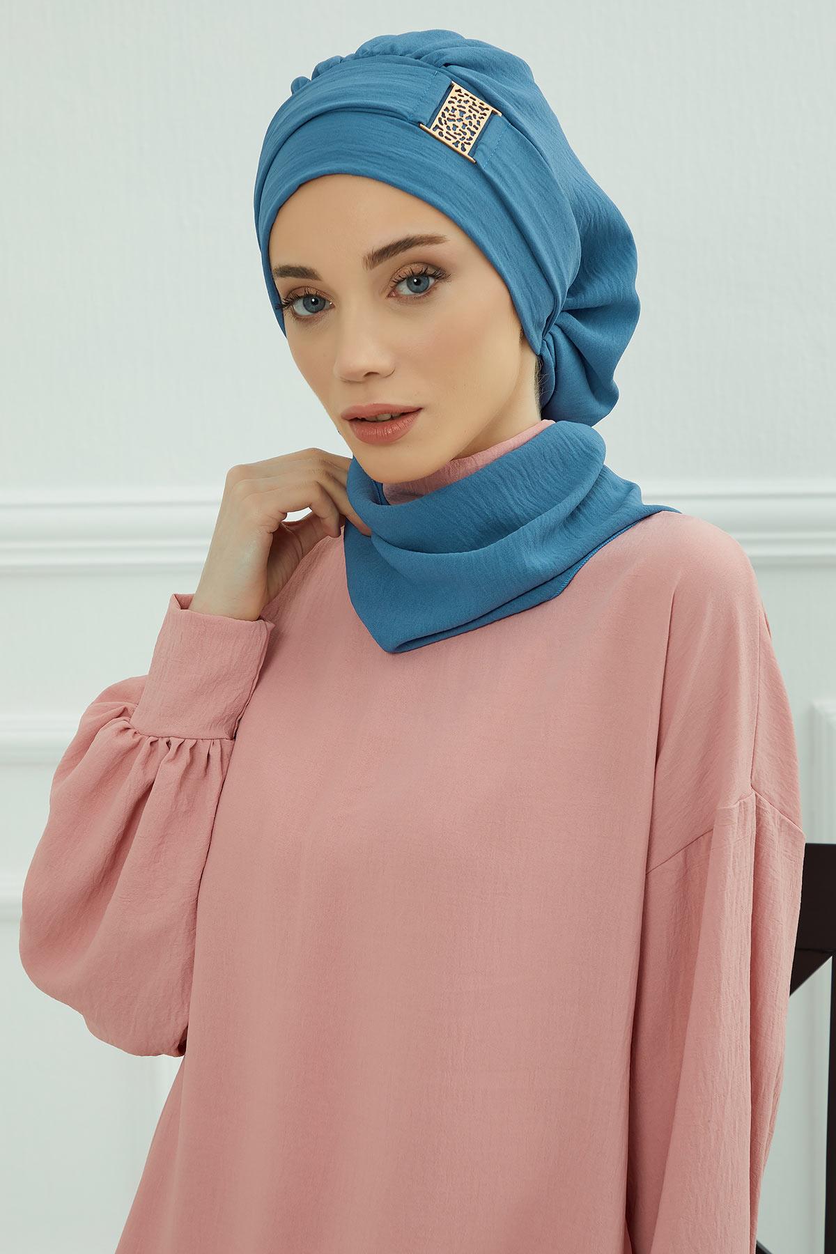 Dekolte Kapatabilen Gold Aksesuarlı Hazır Türban,HT-11A