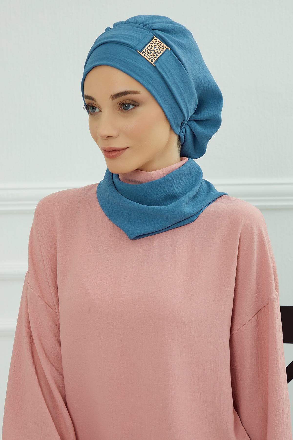 Dekolte Kapatabilen Gold Aksesuarlı Hazır Türban,HT-11A