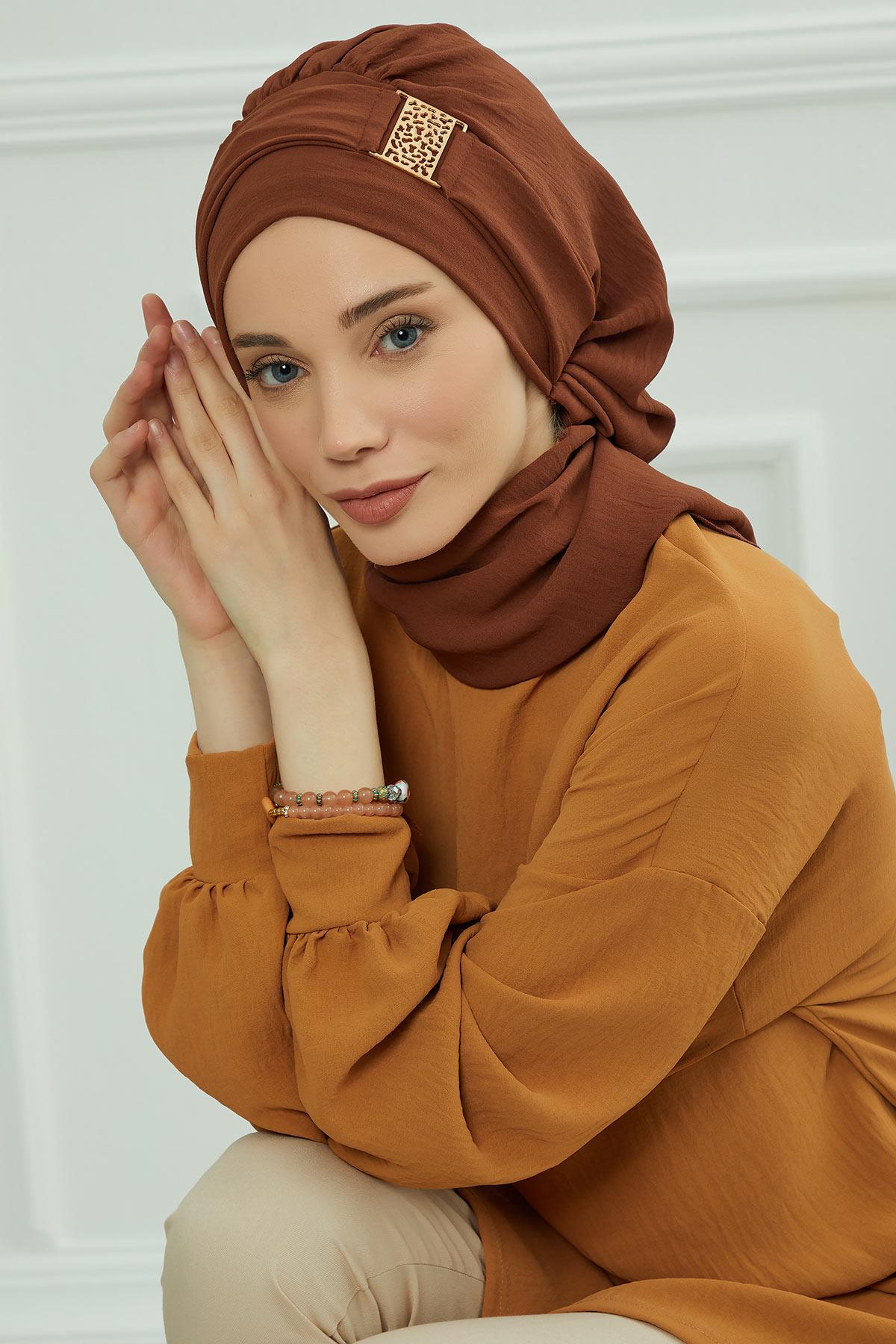 Dekolte Kapatabilen Gold Aksesuarlı Hazır Türban,HT-11A