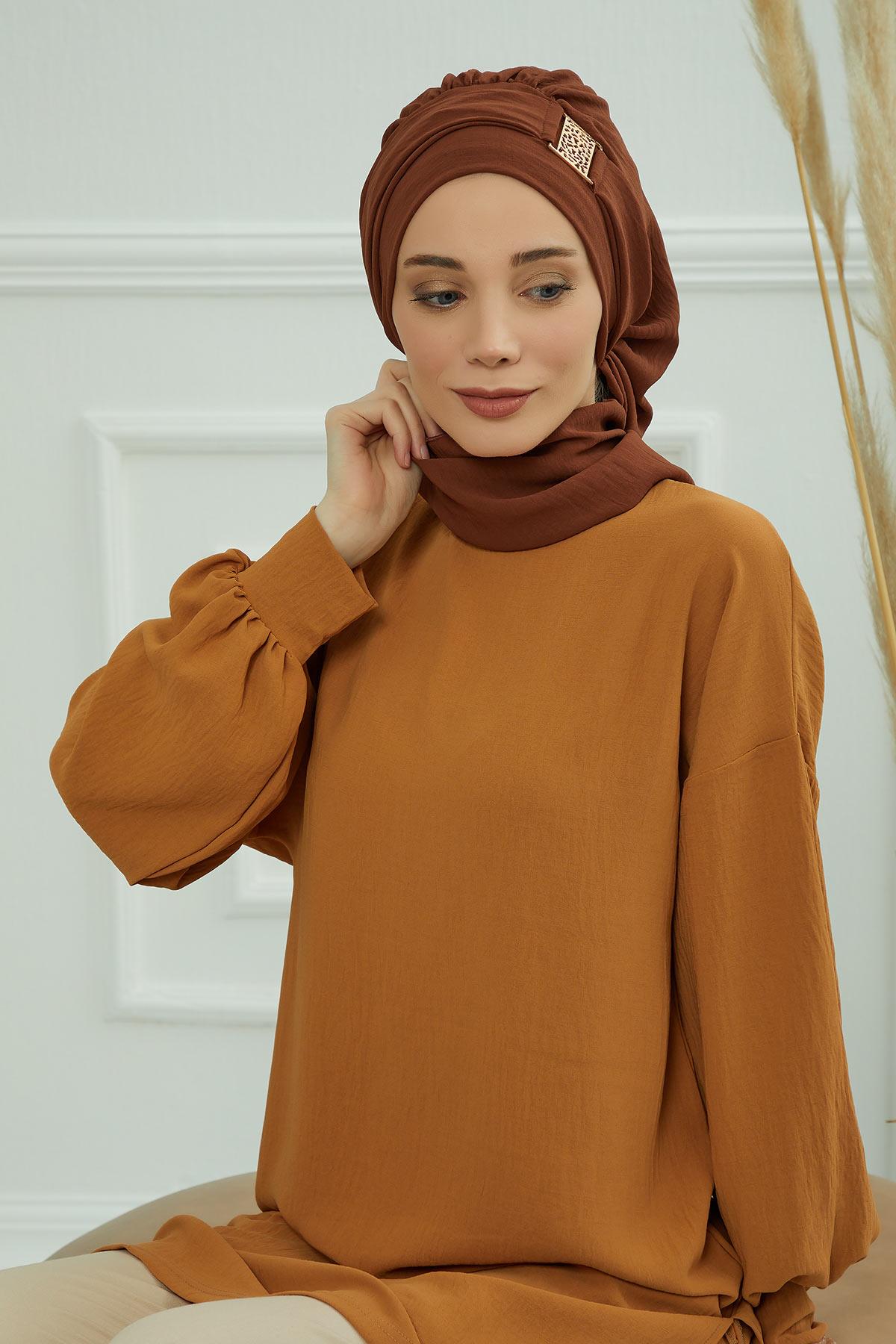 Dekolte Kapatabilen Gold Aksesuarlı Hazır Türban,HT-11A