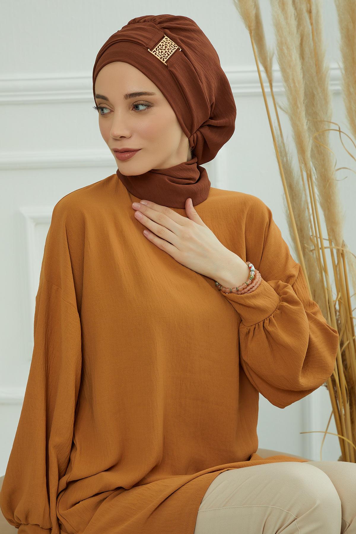 Dekolte Kapatabilen Gold Aksesuarlı Hazır Türban,HT-11A