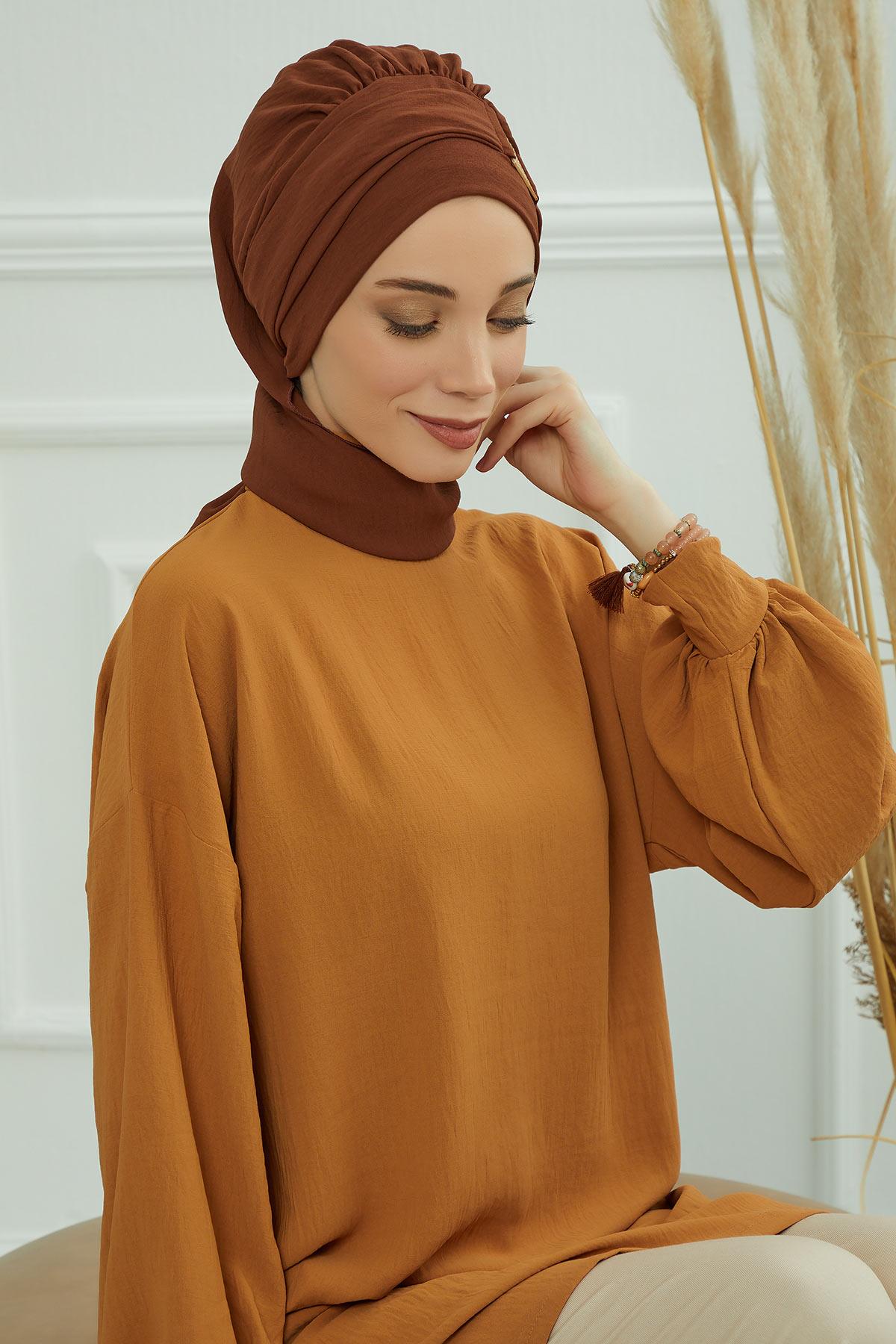 Dekolte Kapatabilen Gold Aksesuarlı Hazır Türban,HT-11A