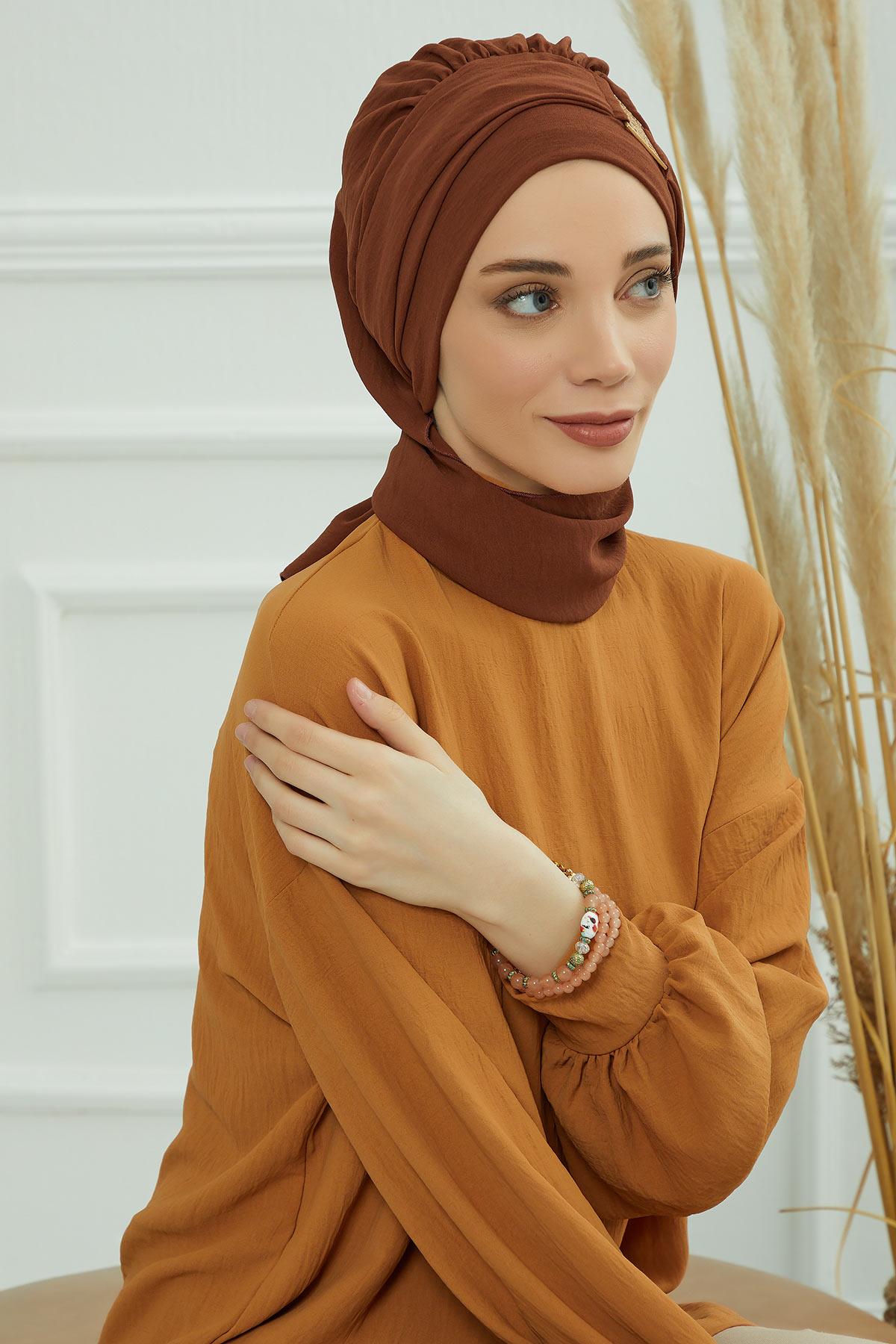 Dekolte Kapatabilen Gold Aksesuarlı Hazır Türban,HT-11A