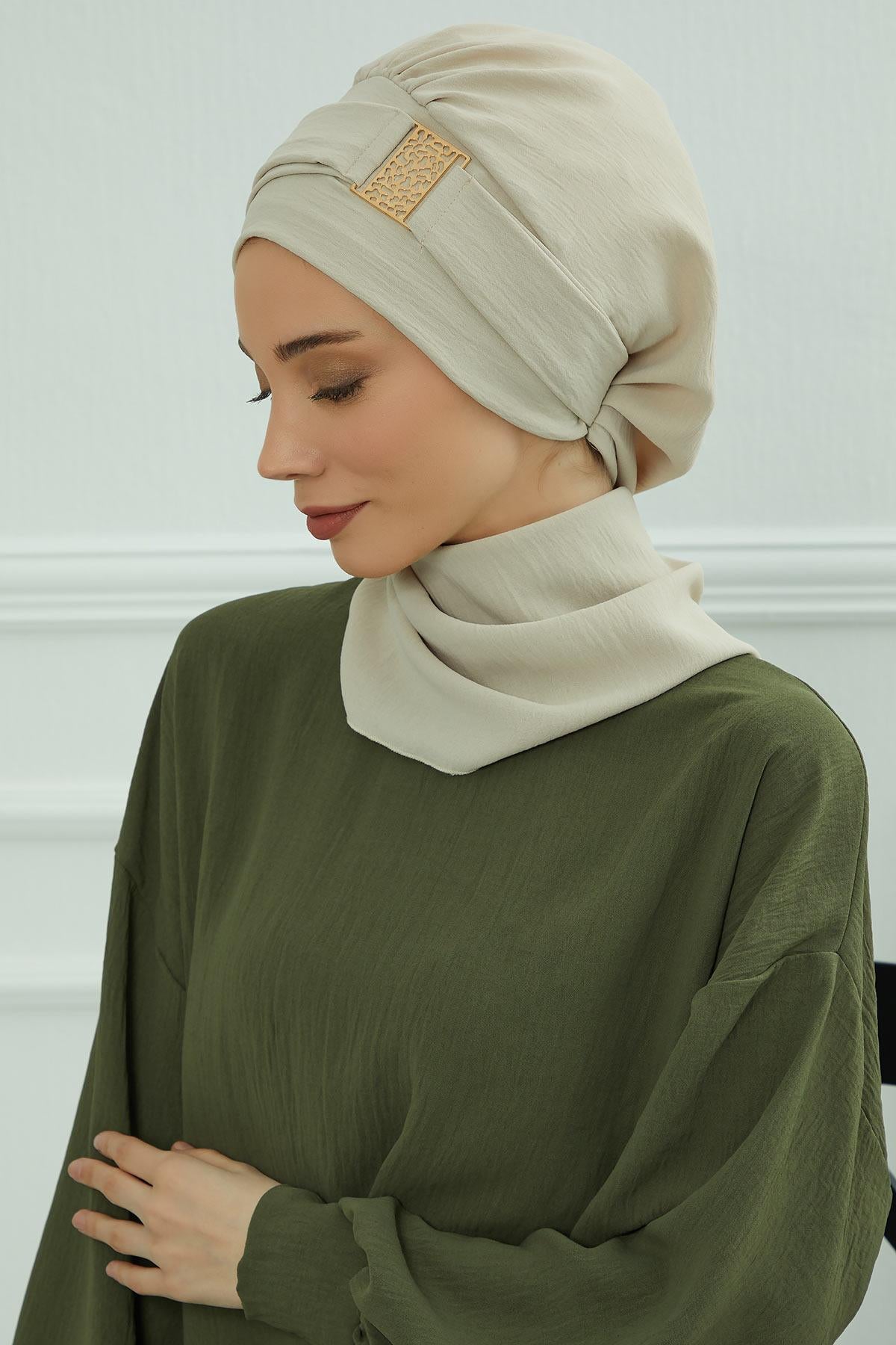 Dekolte Kapatabilen Gold Aksesuarlı Hazır Türban,HT-11A
