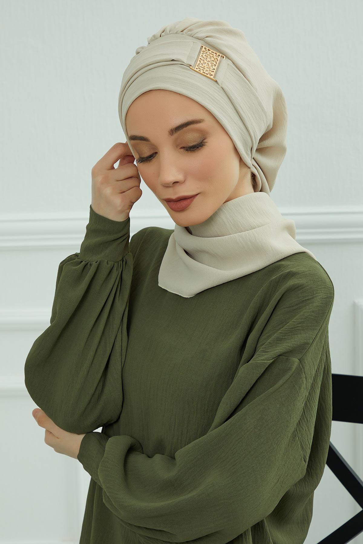 Dekolte Kapatabilen Gold Aksesuarlı Hazır Türban,HT-11A