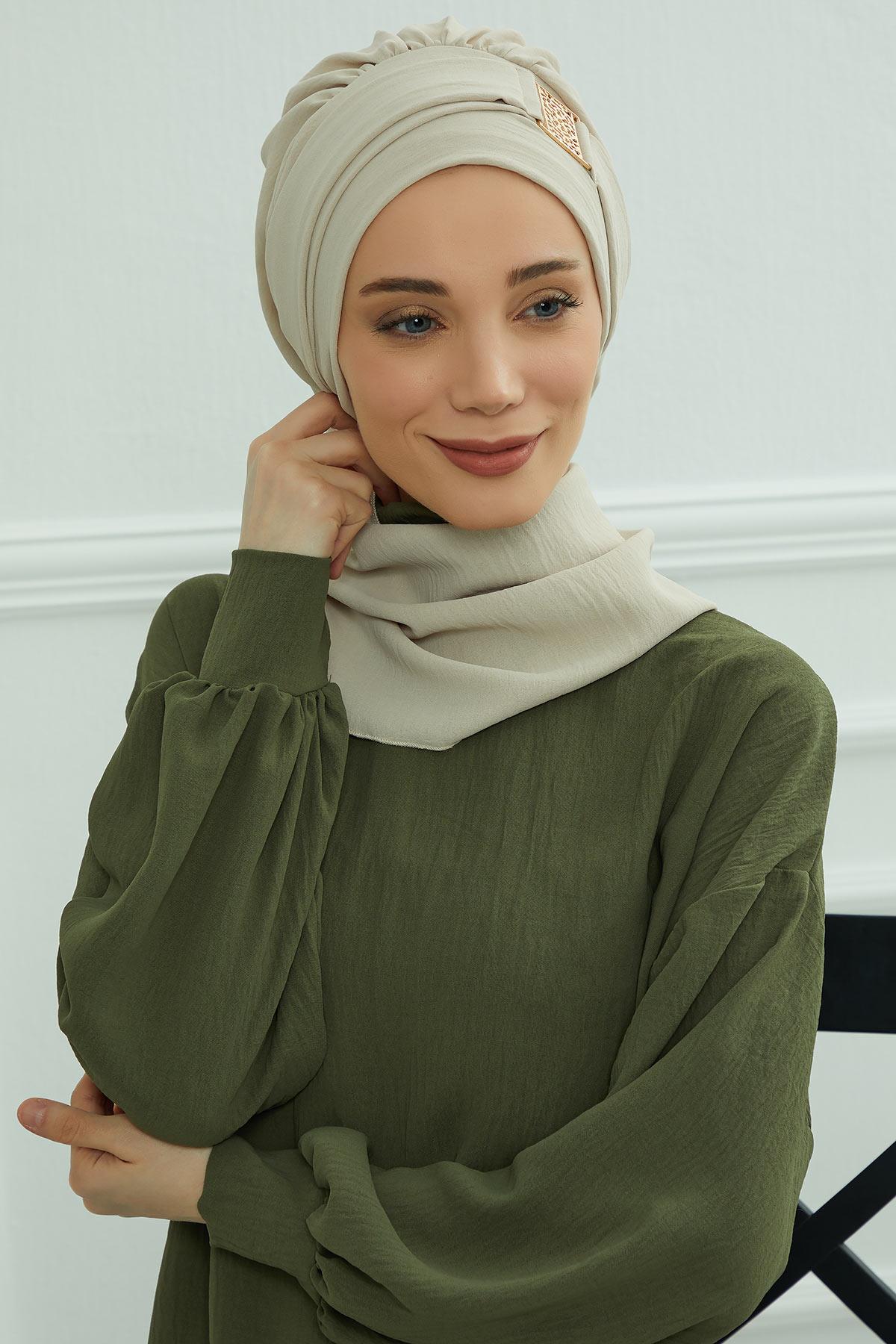 Dekolte Kapatabilen Gold Aksesuarlı Hazır Türban,HT-11A