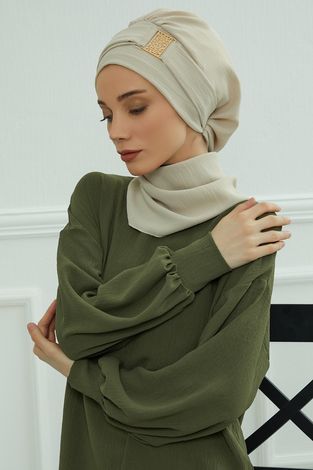 Dekolte Kapatabilen Gold Aksesuarlı Hazır Türban,HT-11A